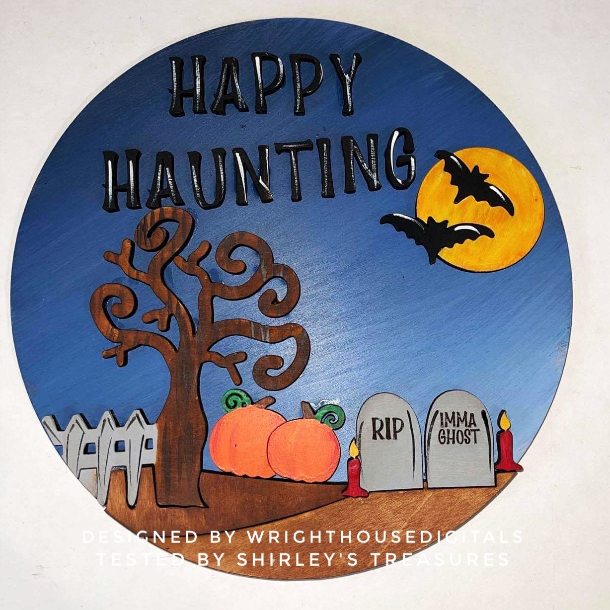 Happy Haunting Graveyard Halloween Door Hanger Round - Seasonal Sign Making and DIY Kits - Cut File For Glowforge Lasers - Digital SVG File