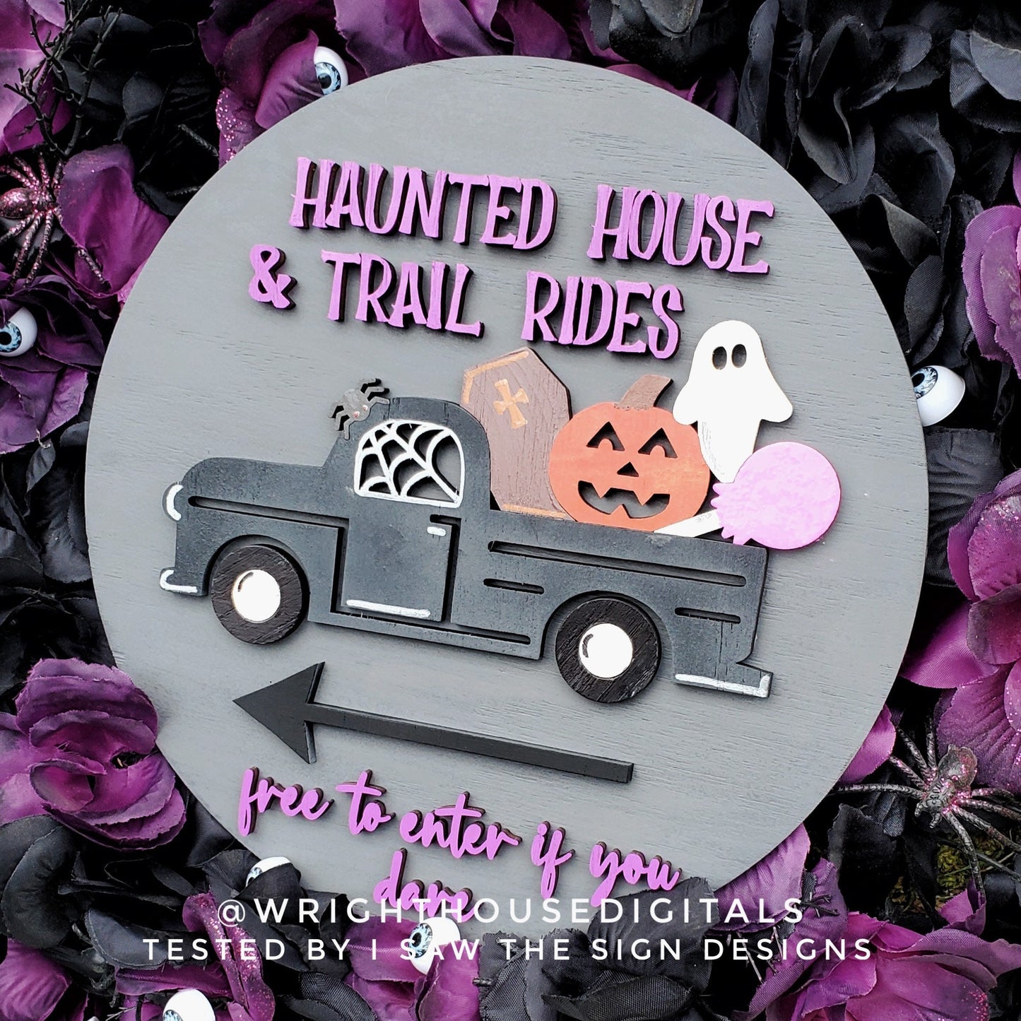 Haunted House and Trail Rides Halloween Round - Seasonal Sign Making and DIY Kits - Cut File For Glowforge Lasers - Digital SVG File