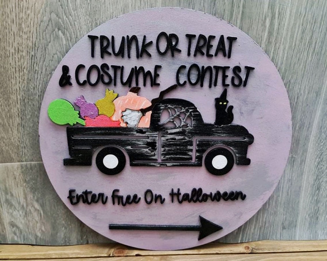 Trunk or Treat and Costume Contest Halloween Round - Seasonal Sign Making and DIY Kits - Cut File For Glowforge Lasers - Digital SVG File