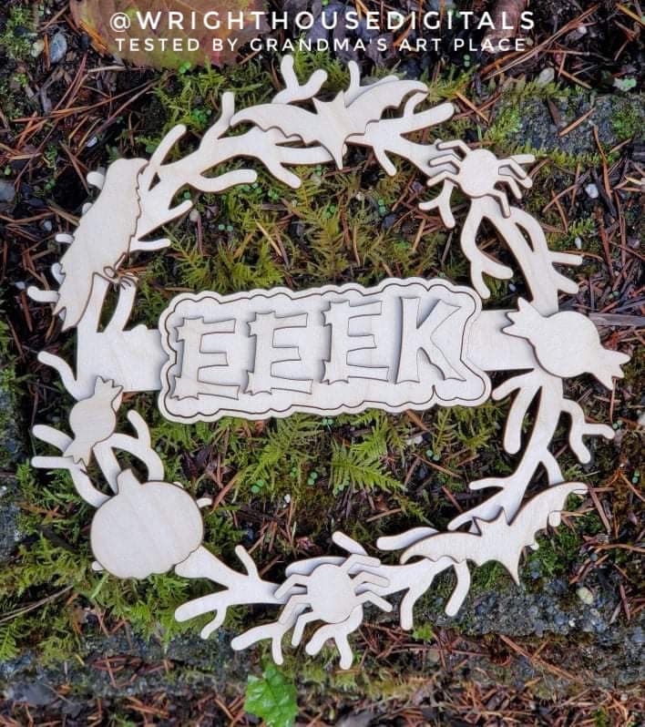 Eeek Eerie Halloween Wreath Door Hanger - Seasonal Sign Making and DIY Kits - Cut File For Glowforge Lasers - Digital SVG File