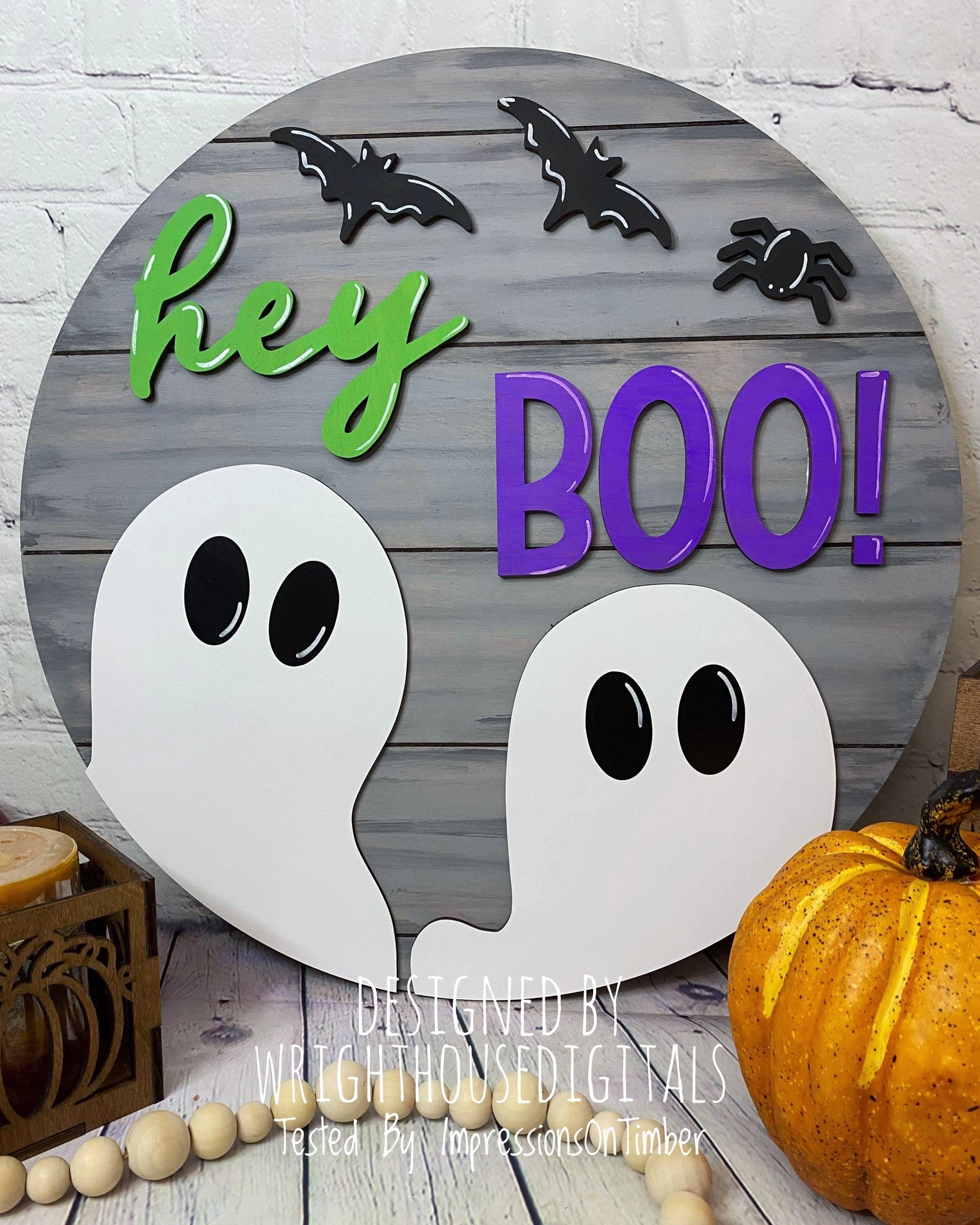 Hey Boo Ghost and Bats Halloween Round - Seasonal Sign Making and DIY Kits - Cut File For Glowforge Lasers - Digital SVG File