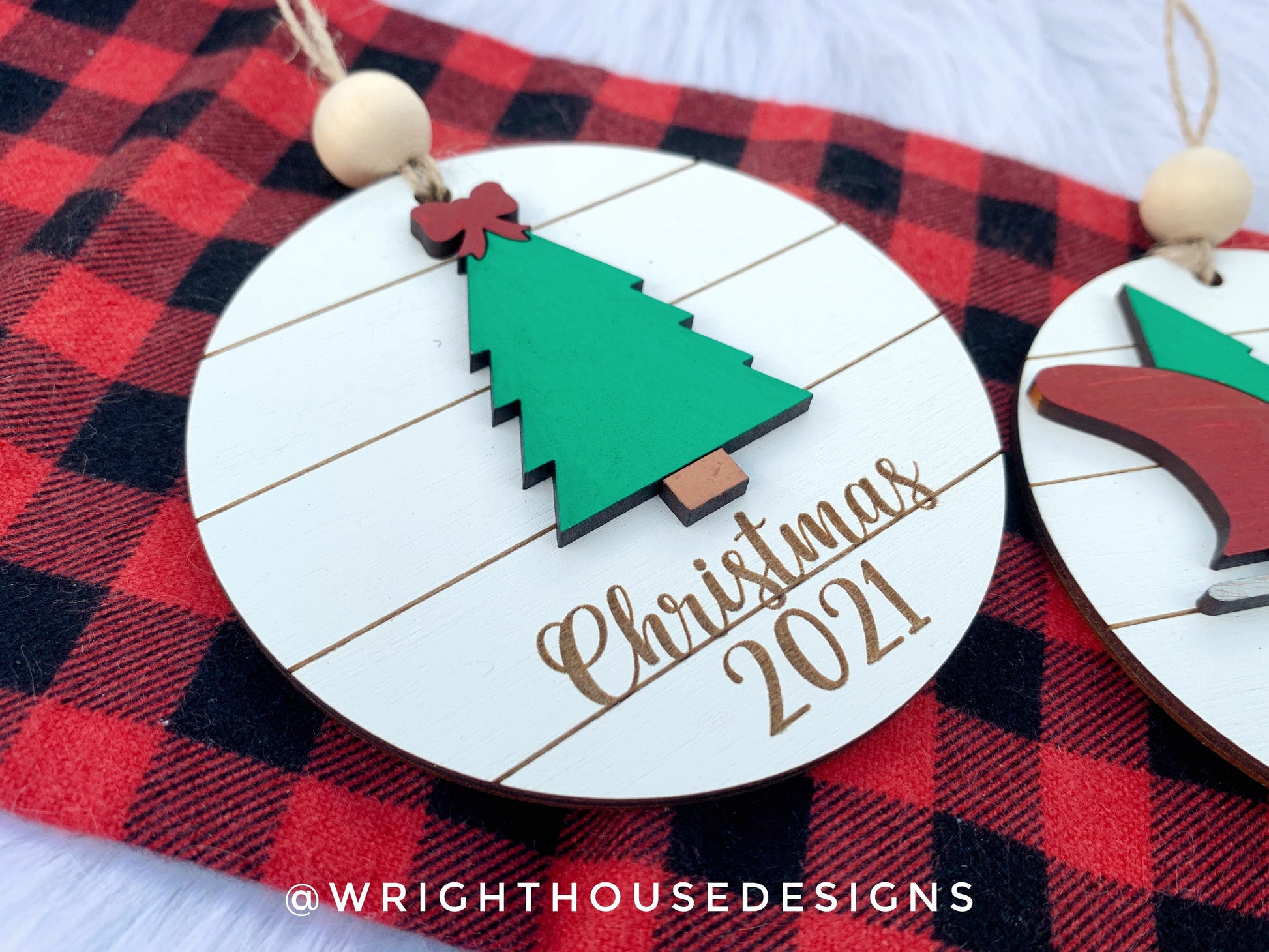 Santa Sleigh Yearly Christmas Tree Ornament - Personalized Name Keepsake - Wooden Shiplap Gift Bag Tags and Stocking Tags For The Family