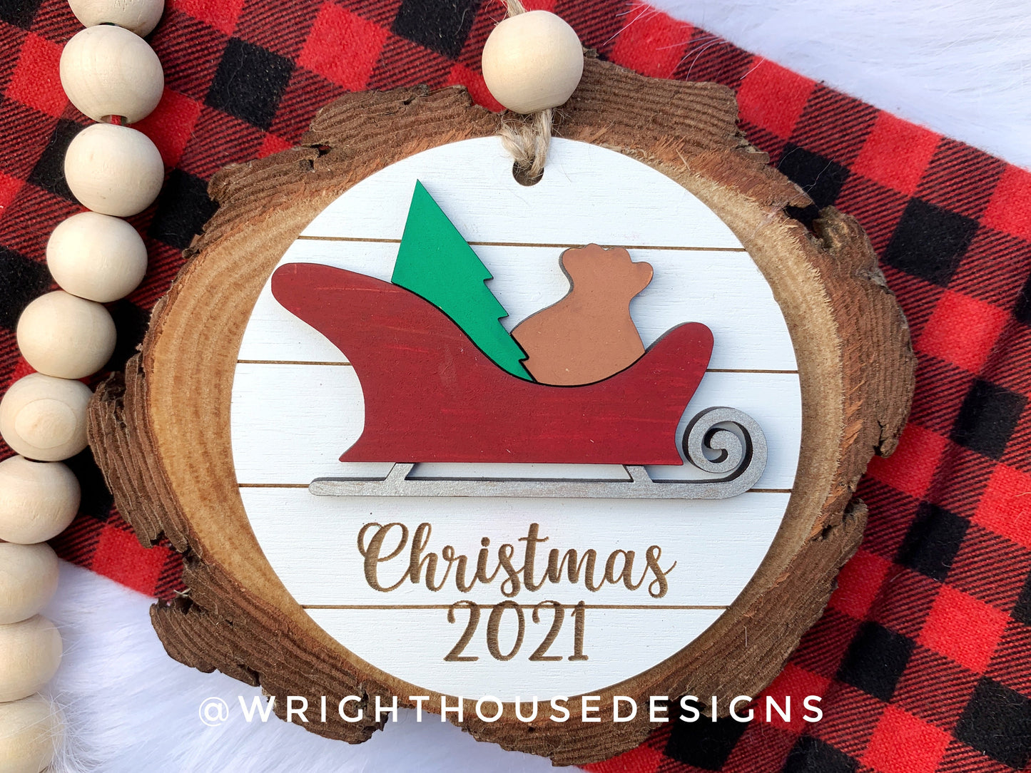 Santa Sleigh Yearly Christmas Tree Ornament - Personalized Name Keepsake - Wooden Shiplap Gift Bag Tags and Stocking Tags For The Family