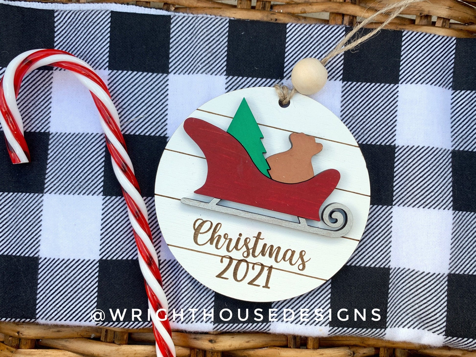 Santa Sleigh Yearly Christmas Tree Ornament - Personalized Name Keepsake - Wooden Shiplap Gift Bag Tags and Stocking Tags For The Family