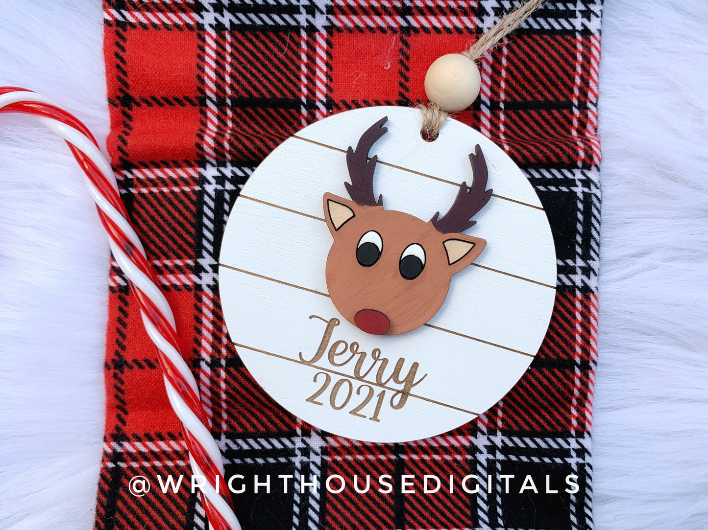 Reindeer and Mug Yearly Christmas Tree Ornament - Personalized Name Keepsake - Wooden Shiplap Gift Bag and Stocking Tags For The Family