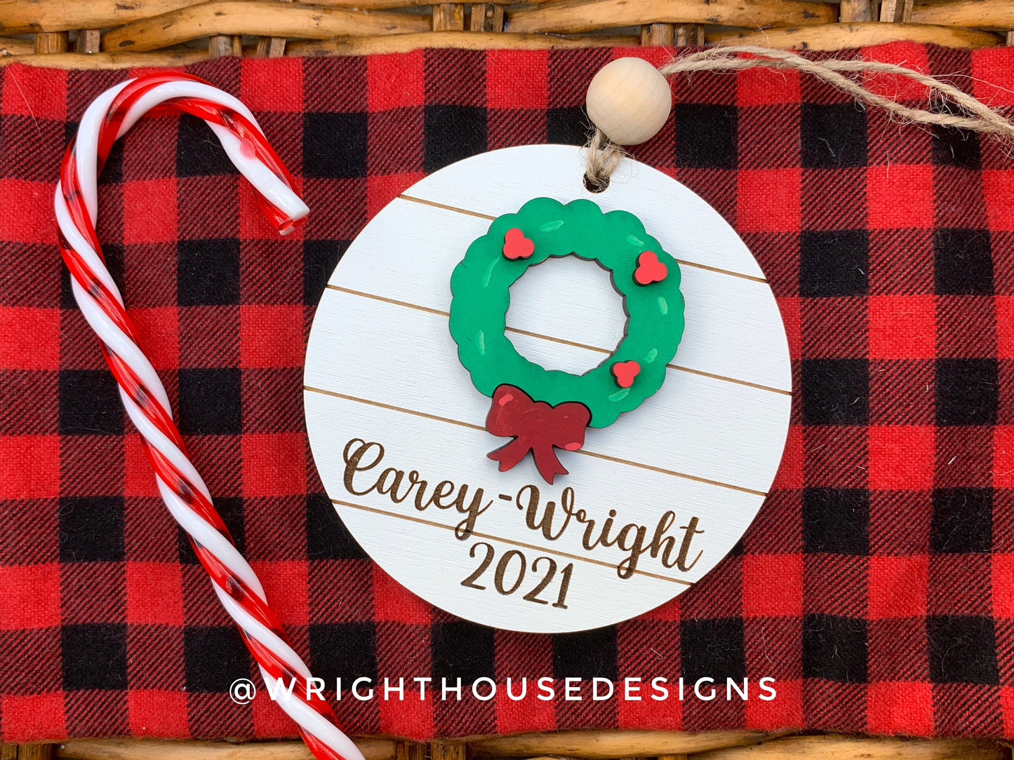 Farmhouse Red Truck Yearly Christmas Tree Ornament - Personalized Name Keepsake - Wooden Shiplap Gift Bag and Stocking Tags For The Family