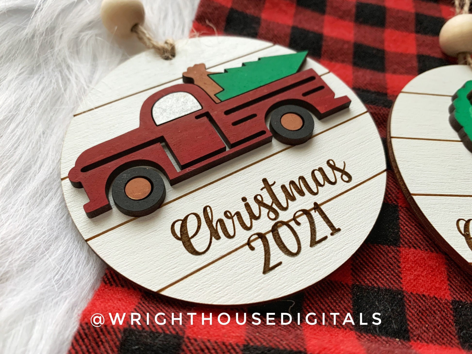 Farmhouse Red Truck Yearly Christmas Tree Ornament - Personalized Name Keepsake - Wooden Shiplap Gift Bag and Stocking Tags For The Family