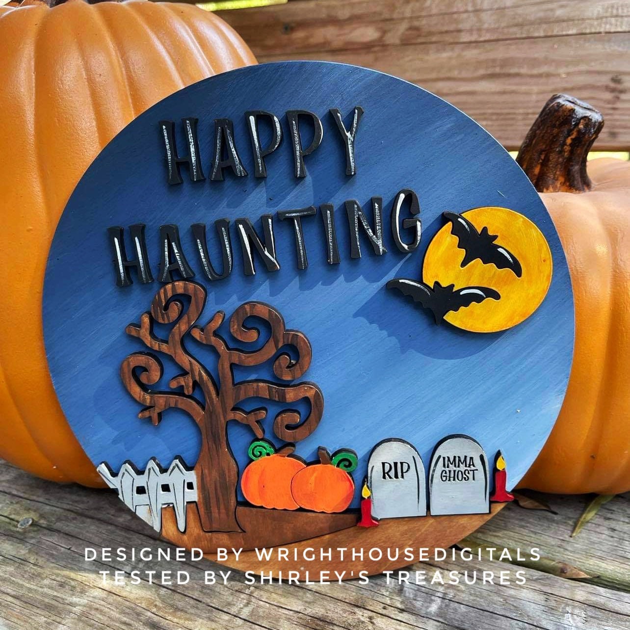 Happy Haunting Graveyard Halloween Door Hanger Round - Seasonal Sign Making and DIY Kits - Cut File For Glowforge Lasers - Digital SVG File