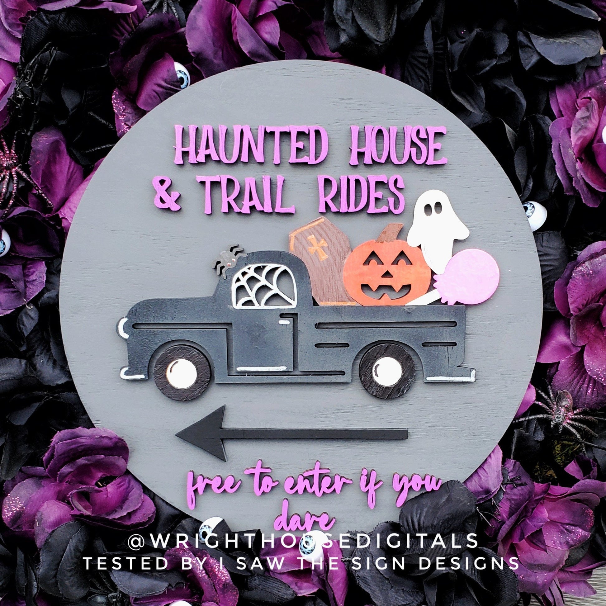 Haunted House and Trail Rides Halloween Round - Seasonal Sign Making and DIY Kits - Cut File For Glowforge Lasers - Digital SVG File