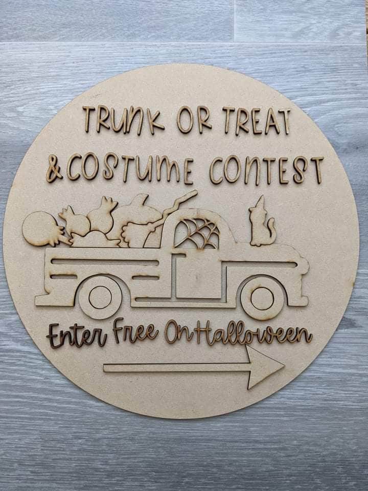 Trunk or Treat and Costume Contest Halloween Round - Seasonal Sign Making and DIY Kits - Cut File For Glowforge Lasers - Digital SVG File
