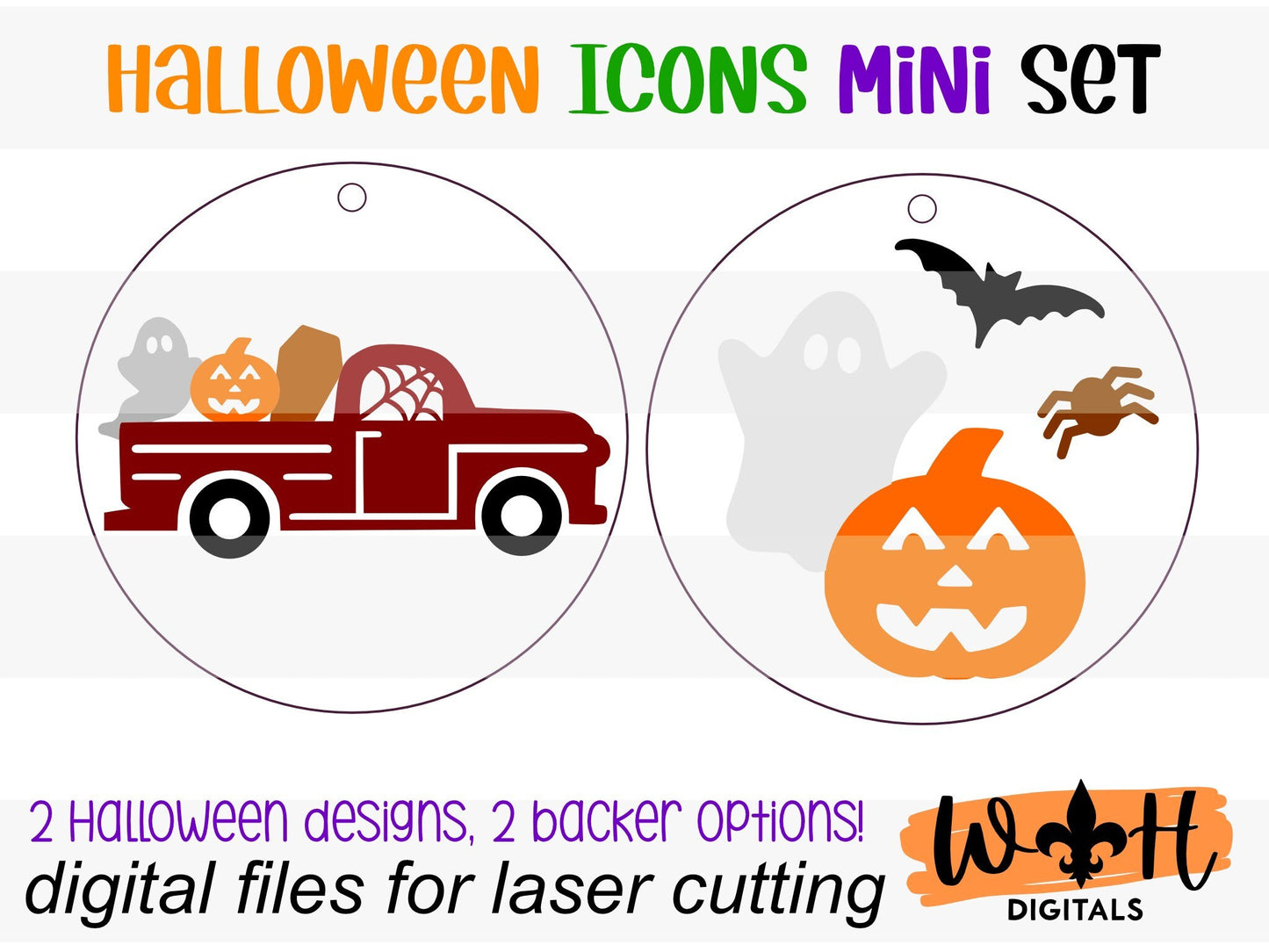 Halloween Icons Vintage Truck and Ghost Mini Set - Spooky Handdrawn DIY Doodle Ornaments - Cut File For Glowforge Lasers - Digital SVG File