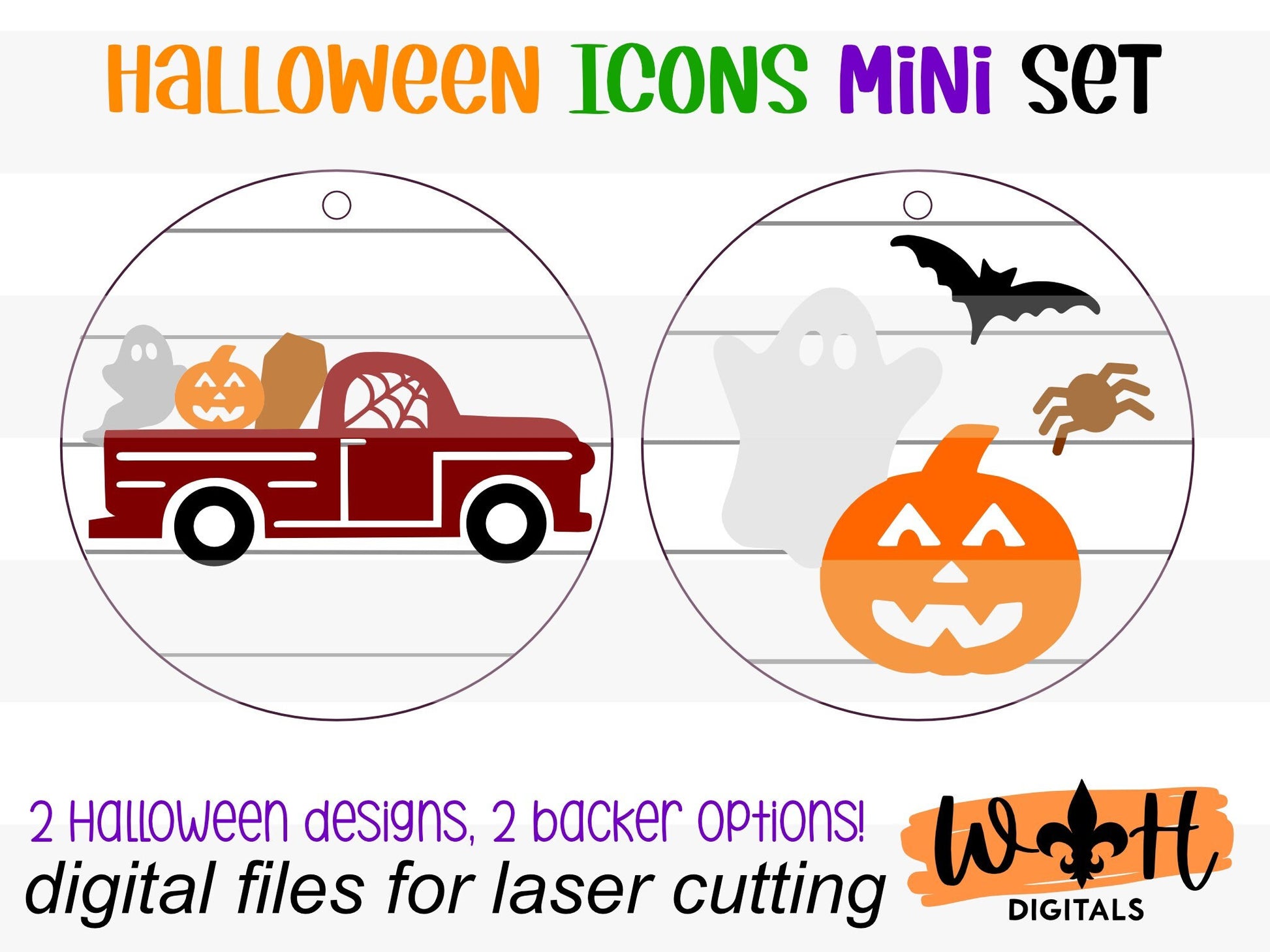 Halloween Icons Vintage Truck and Ghost Mini Set - Spooky Handdrawn DIY Doodle Ornaments - Cut File For Glowforge Lasers - Digital SVG File