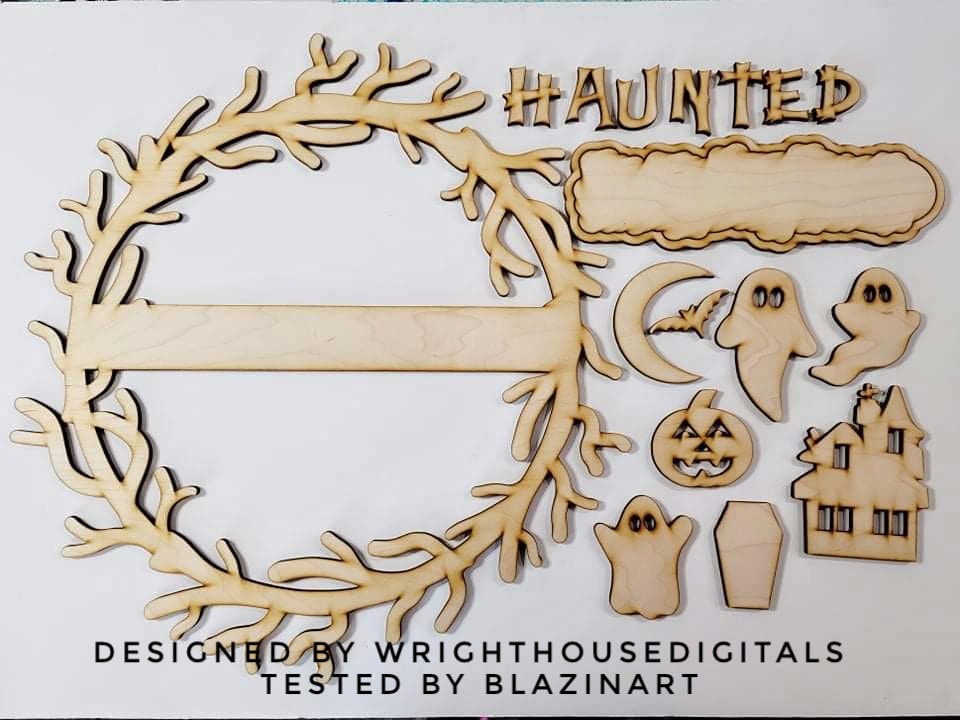 Haunted Spooky Halloween Wreath Door Hanger - Seasonal Sign Making and DIY Kits - Cut File For Glowforge Lasers - Digital SVG File