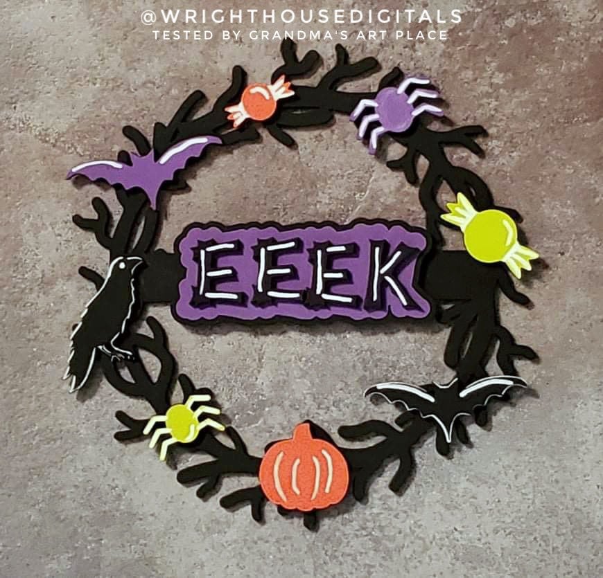 Eeek Eerie Halloween Wreath Door Hanger - Seasonal Sign Making and DIY Kits - Cut File For Glowforge Lasers - Digital SVG File