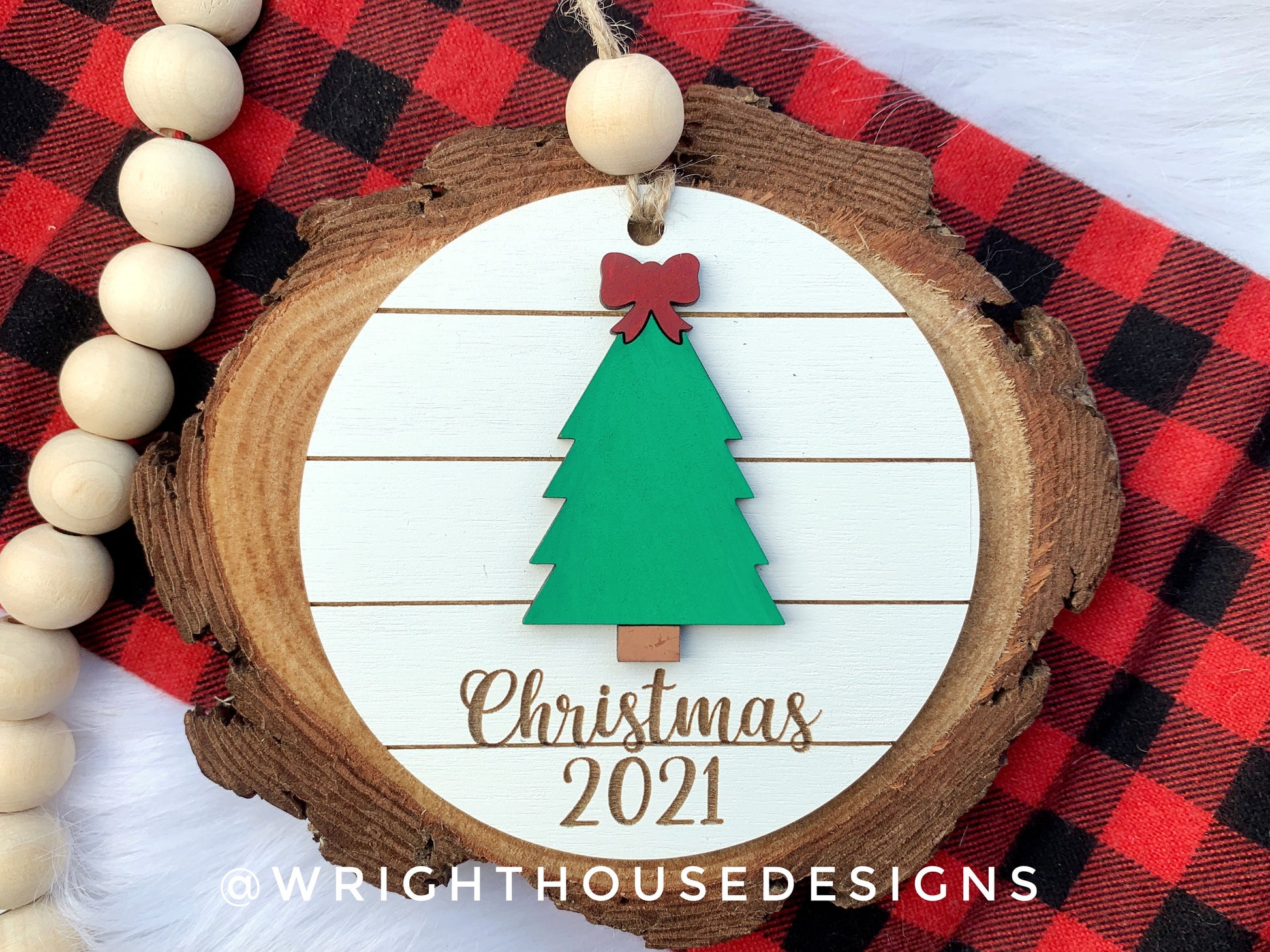 Santa Sleigh Yearly Christmas Tree Ornament - Personalized Name Keepsake - Wooden Shiplap Gift Bag Tags and Stocking Tags For The Family