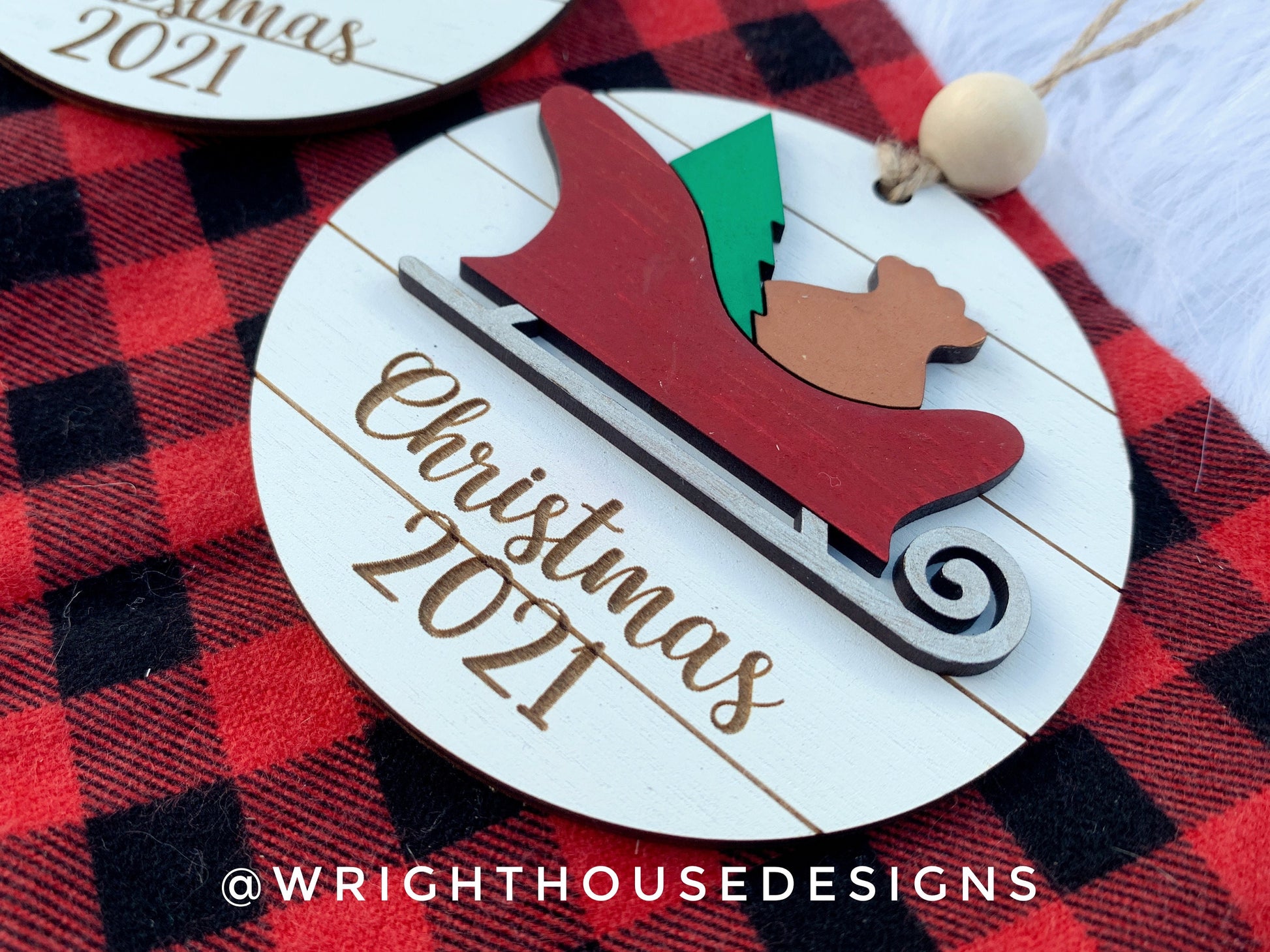 Santa Sleigh Yearly Christmas Tree Ornament - Personalized Name Keepsake - Wooden Shiplap Gift Bag Tags and Stocking Tags For The Family