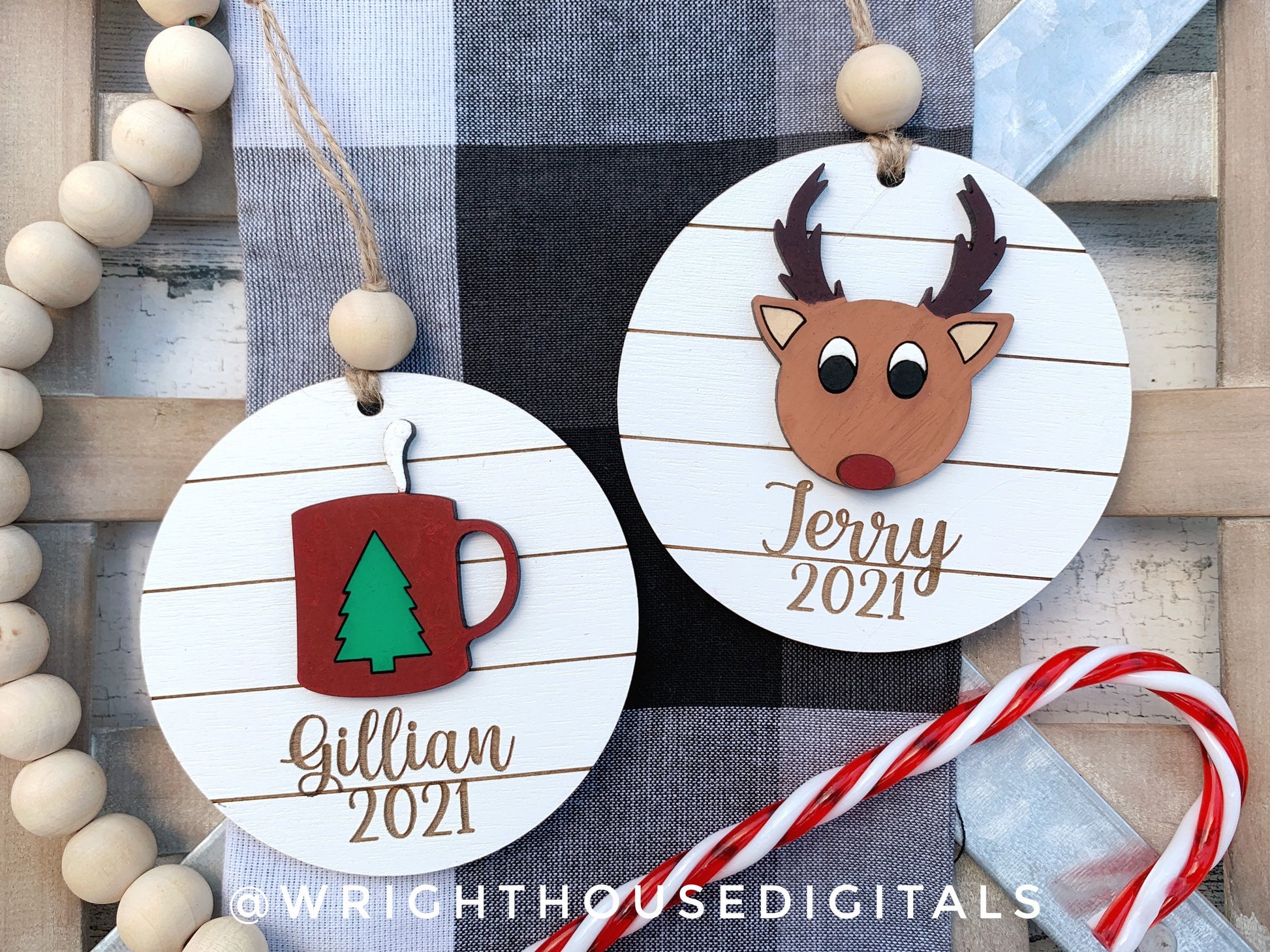 Reindeer and Mug Yearly Christmas Tree Ornament - Personalized Name Keepsake - Wooden Shiplap Gift Bag and Stocking Tags For The Family