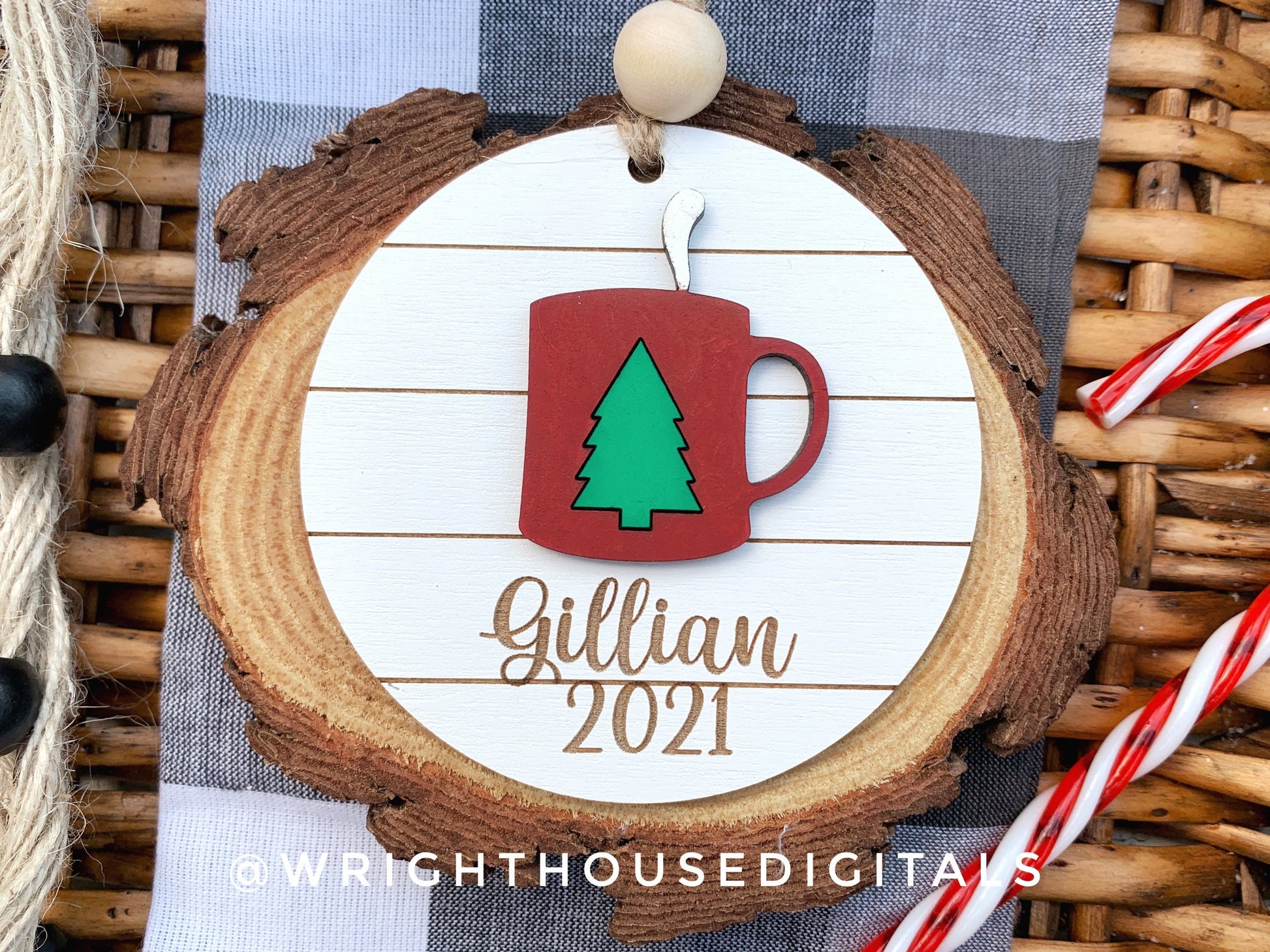 Reindeer and Mug Yearly Christmas Tree Ornament - Personalized Name Keepsake - Wooden Shiplap Gift Bag and Stocking Tags For The Family