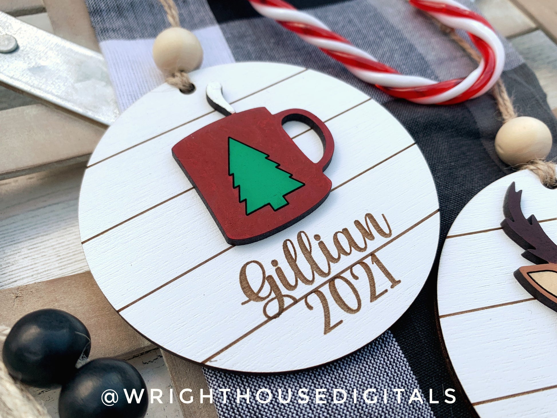 Reindeer and Mug Yearly Christmas Tree Ornament - Personalized Name Keepsake - Wooden Shiplap Gift Bag and Stocking Tags For The Family