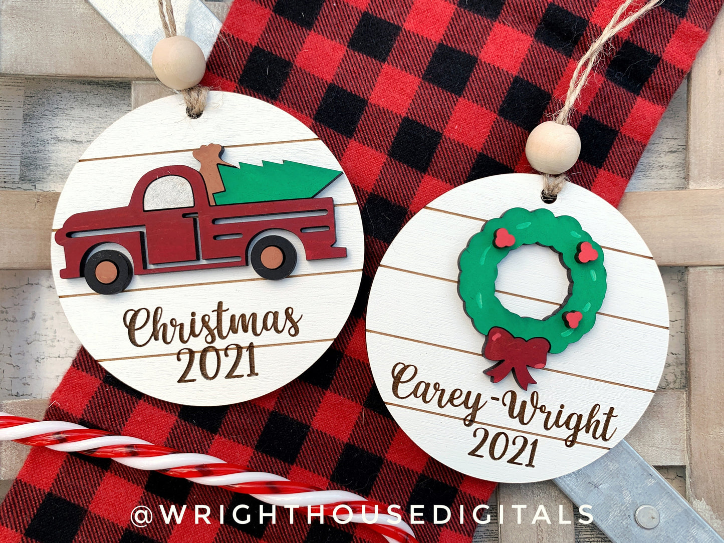 Farmhouse Red Truck Yearly Christmas Tree Ornament - Personalized Name Keepsake - Wooden Shiplap Gift Bag and Stocking Tags For The Family