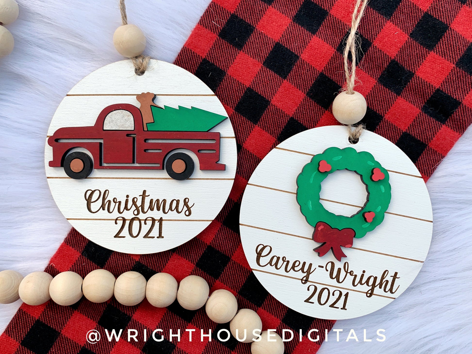 Farmhouse Red Truck Yearly Christmas Tree Ornament - Personalized Name Keepsake - Wooden Shiplap Gift Bag and Stocking Tags For The Family