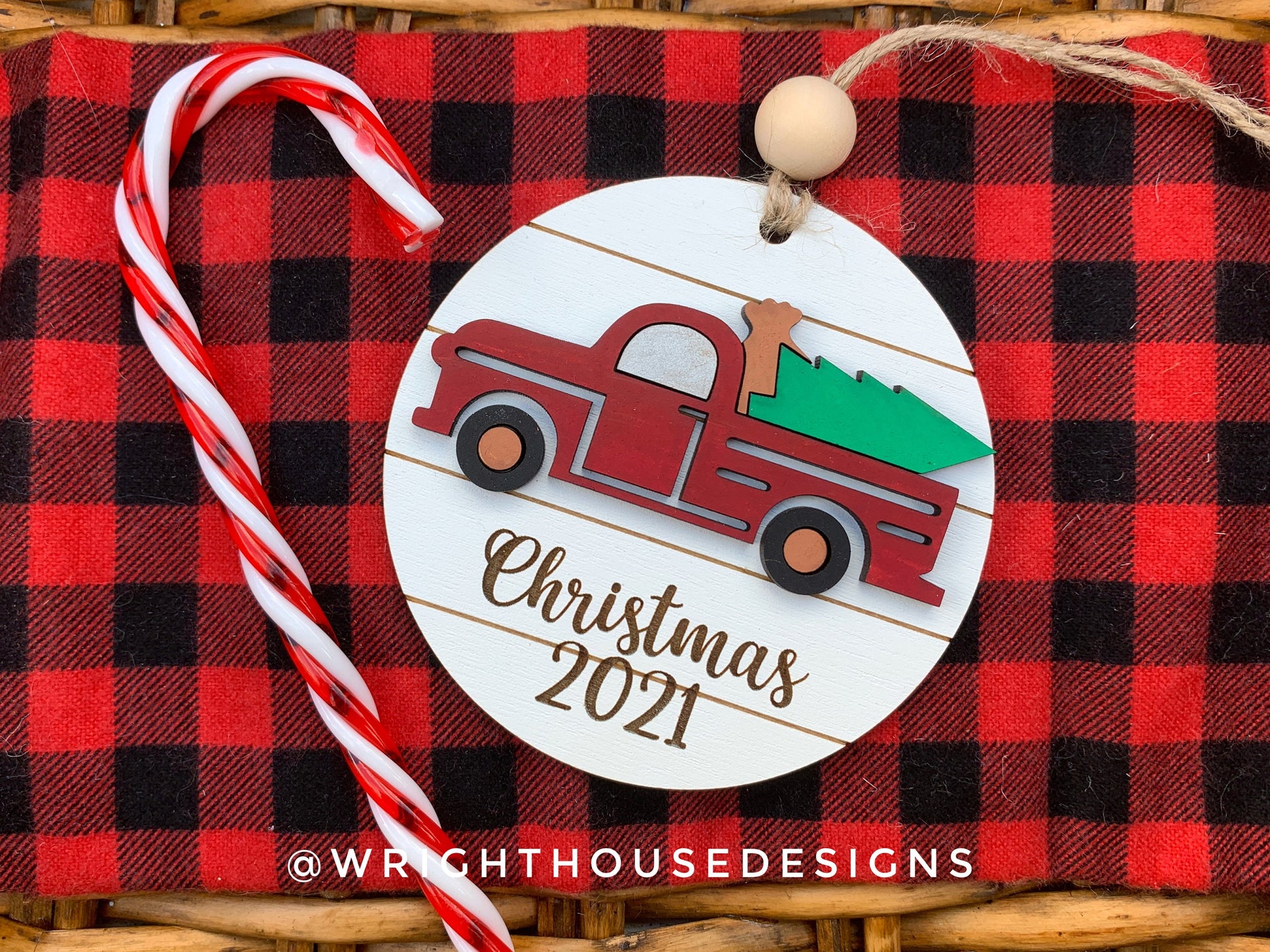 Farmhouse Red Truck Yearly Christmas Tree Ornament - Personalized Name Keepsake - Wooden Shiplap Gift Bag and Stocking Tags For The Family