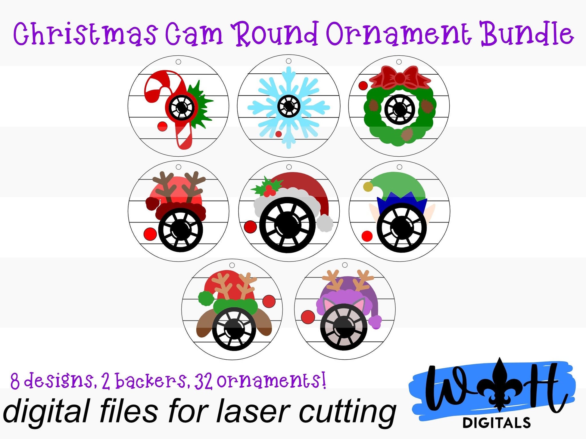 Christmas Santa Cam Shutter Variety Bundle - Handdrawn Single Line Round Ornament Set - Cut File For Glowforge Lasers - Digital SVG File