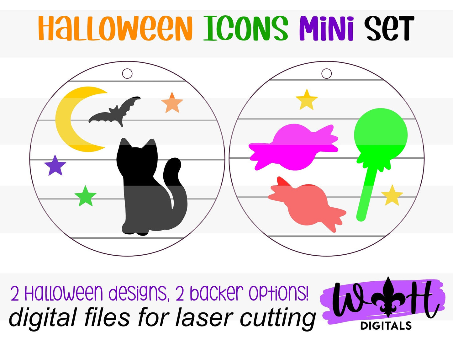 Halloween Icons Black Cat and Candy Mini Set - Spooky Handdrawn DIY Doodle Ornaments - Cut File For Glowforge Lasers - Digital SVG File