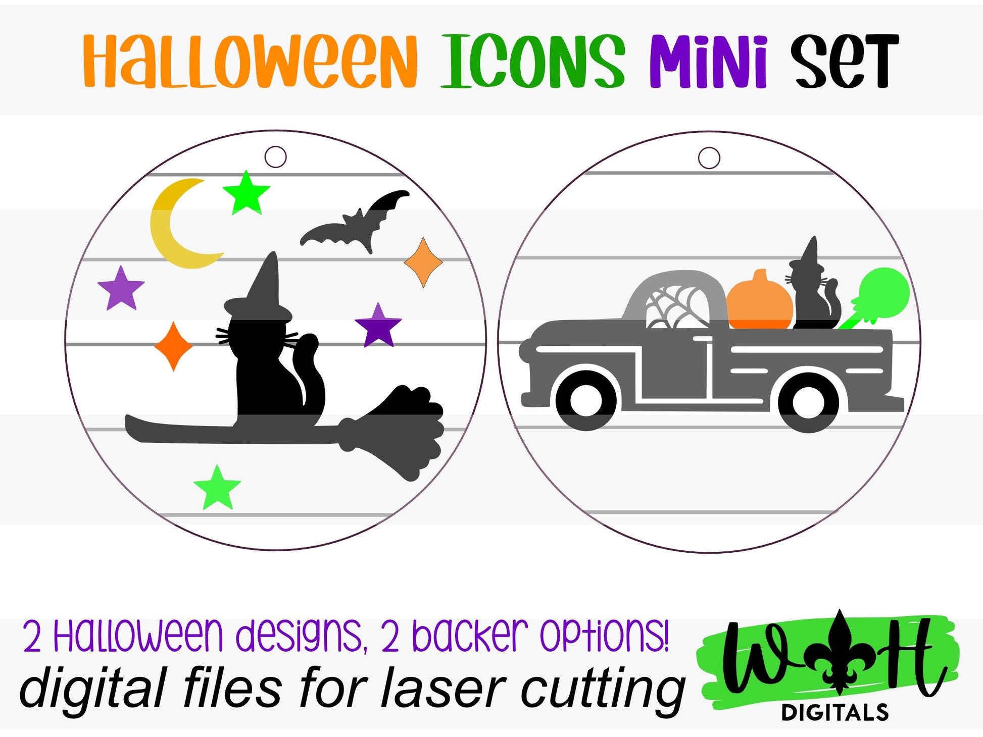 Halloween Icons Vintage Truck and Witch Cat Mini Set - Spooky Handdrawn DIY Doodle Ornaments - Cut File For Glowforge - Digital SVG File