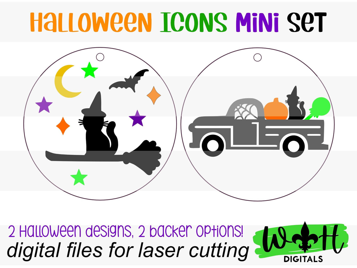 Halloween Icons Vintage Truck and Witch Cat Mini Set - Spooky Handdrawn DIY Doodle Ornaments - Cut File For Glowforge - Digital SVG File