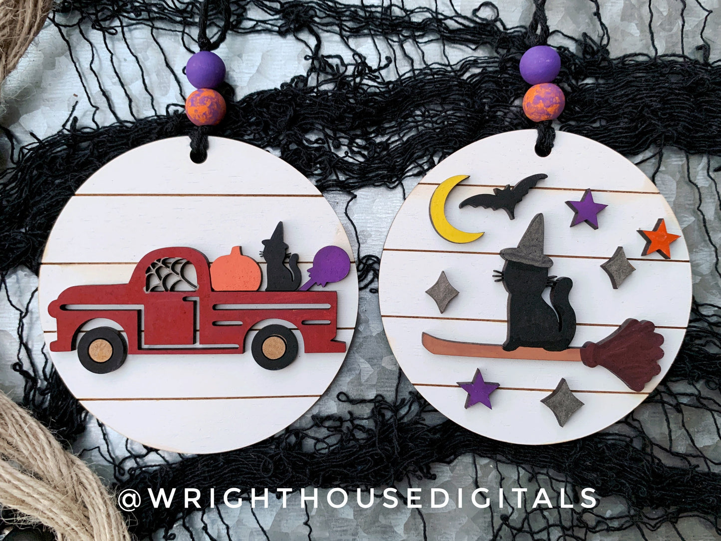 Halloween Icons Vintage Truck and Witch Cat Mini Set - Spooky Handdrawn DIY Doodle Ornaments - Cut File For Glowforge - Digital SVG File