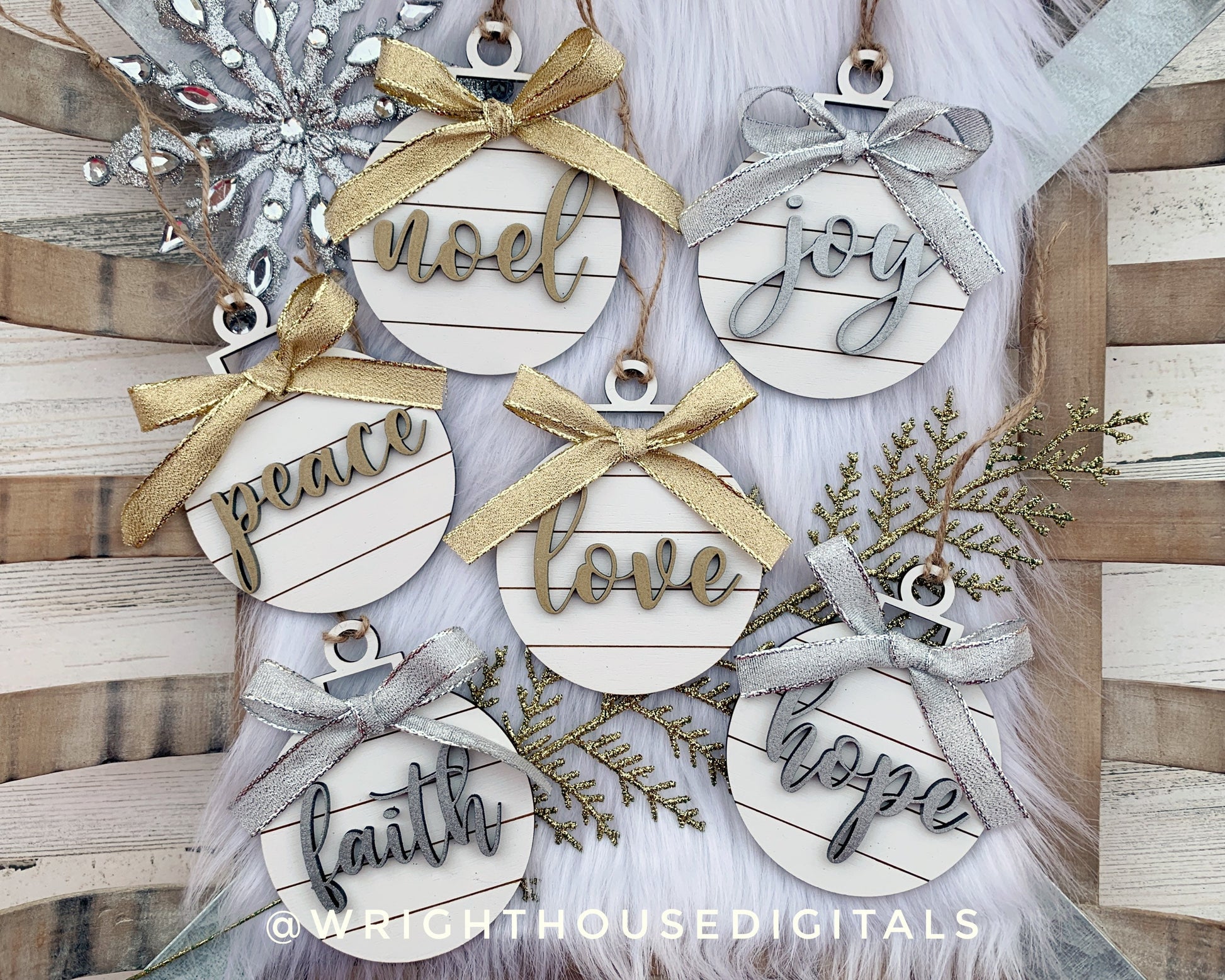 Classic Shiplap Wooden Christmas Tree Ball Ornament Set of 6 - Laser Cut - Stocking Stuffer - Present Tag - Gift Wrapping Accessory