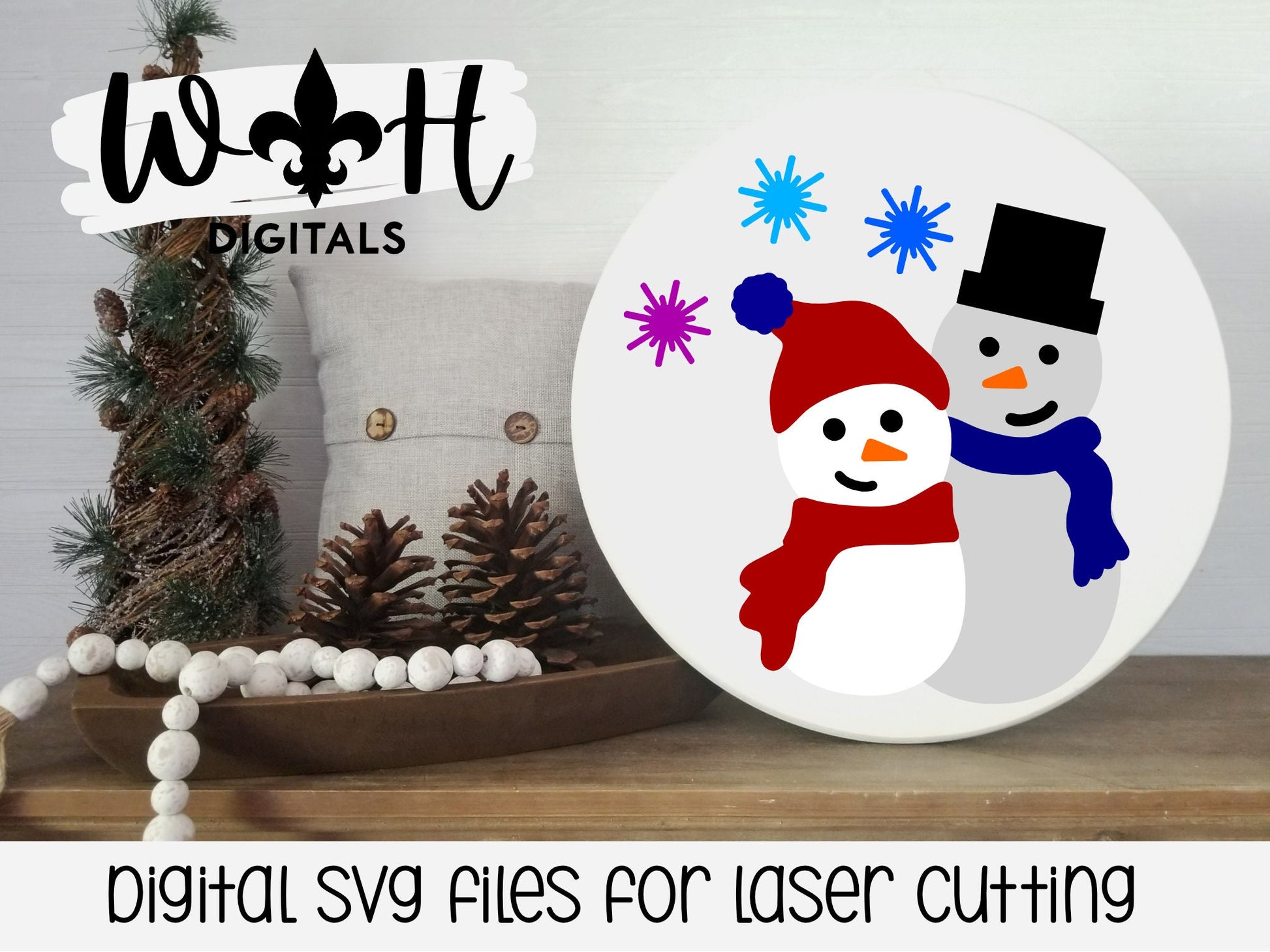 Snowman Winter Snow Friends Door Hanger Round - Seasonal Sign Making and DIY Kits - Cut File For Glowforge Lasers - Digital SVG File