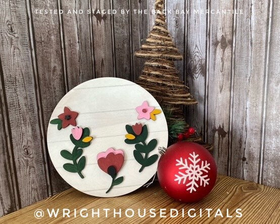 Christmas Poinsettia Blooms Floral Round - Seasonal Sign Making and DIY Kits - Single Line Cut File For Glowforge Lasers - Digital SVG File