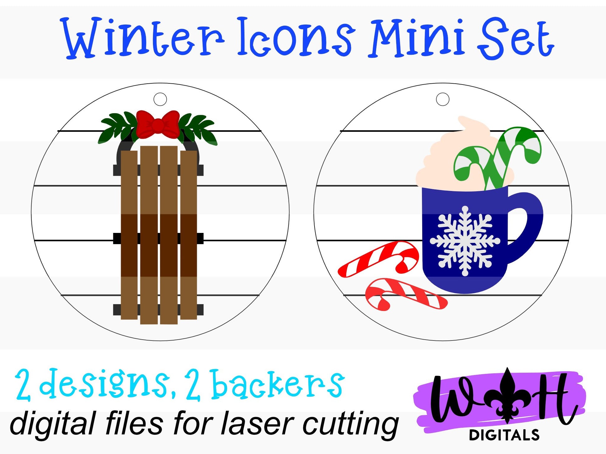 Winter Icons Vintage Sled and Peppermint Mocha Shiplap Christmas Ornament Set - Personalizable Cut File For Glowforge - Digital SVG File