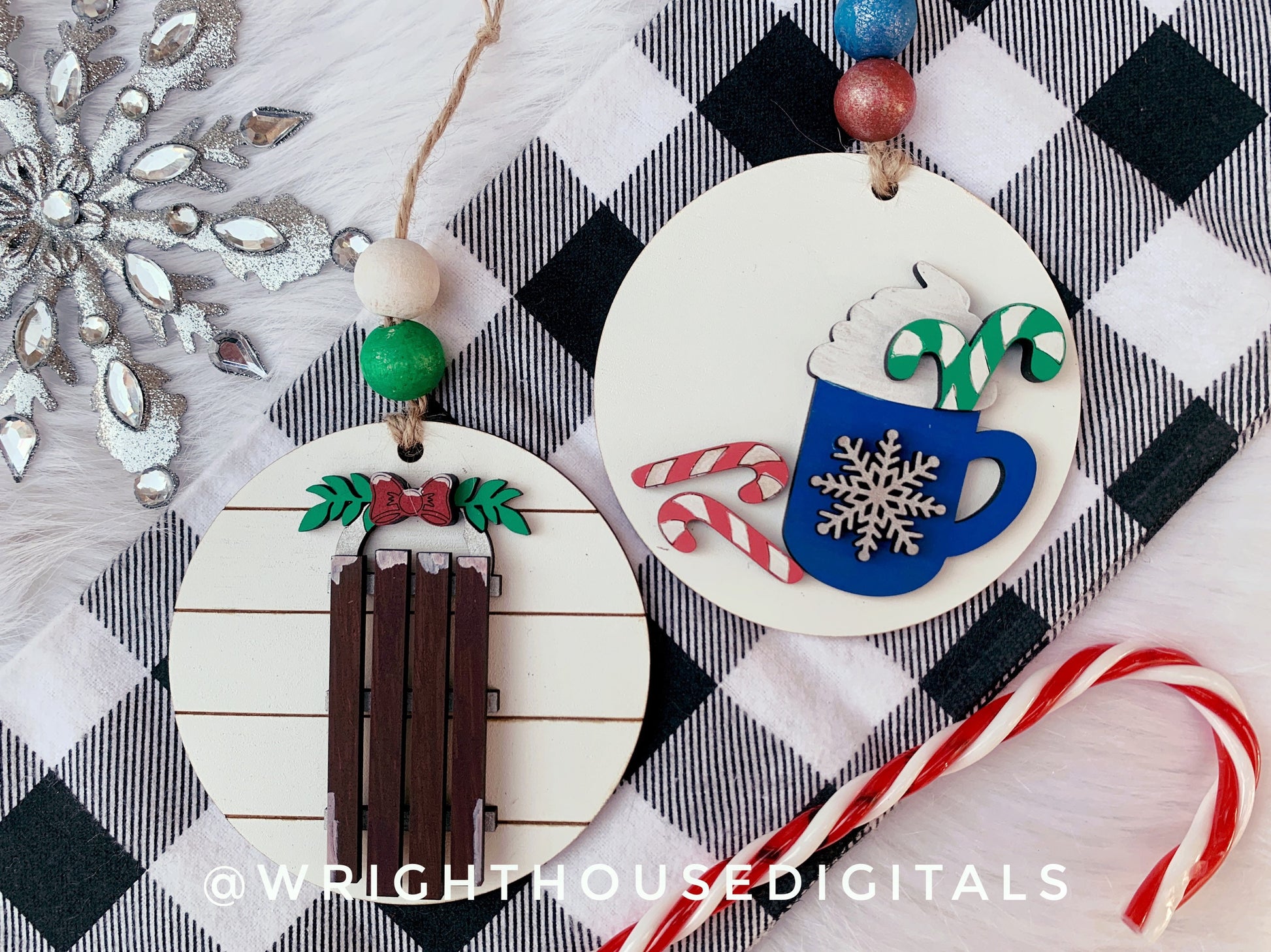 Winter Icons Vintage Sled and Peppermint Mocha Shiplap Christmas Ornament Set - Personalizable Cut File For Glowforge - Digital SVG File