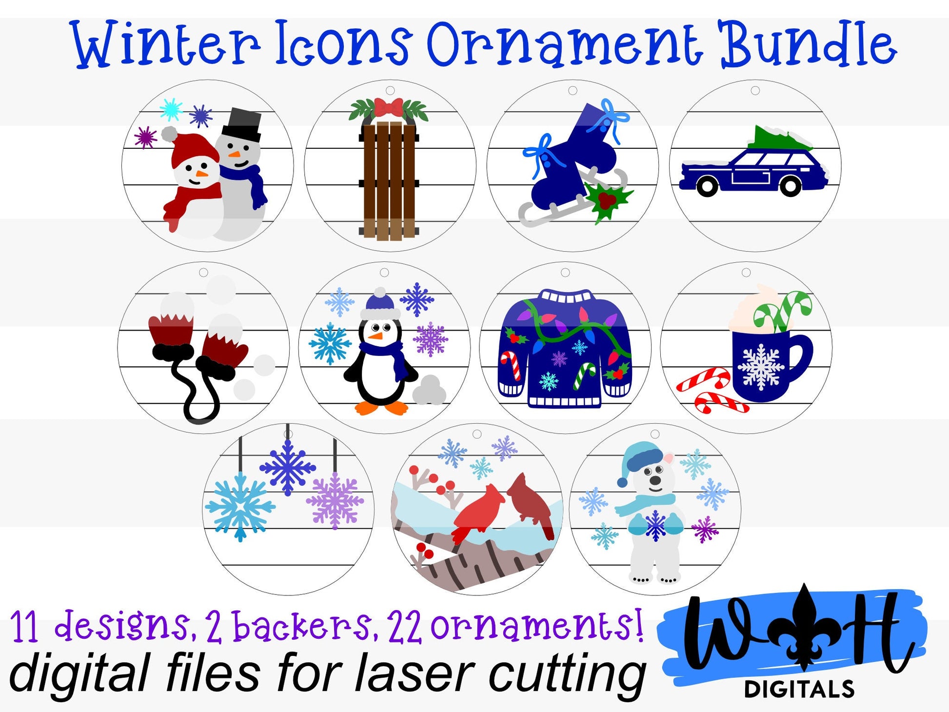 Winter Icons Ornament Bundle - Personalizable Modern Farmhouse Christmas Ornaments - Cut File For Glowforge Lasers - Digital SVG File
