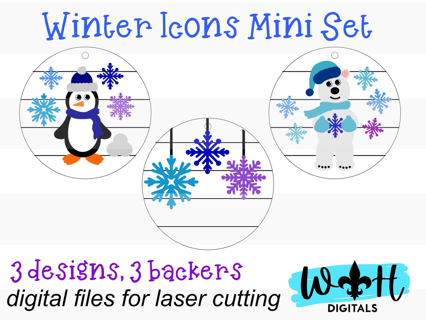 Winter Icons Snowflake Penguin Polar Bear - Modern Farmhouse Mini Ornament Set - Personalizable Cut File For Glowforge - Digital SVG File