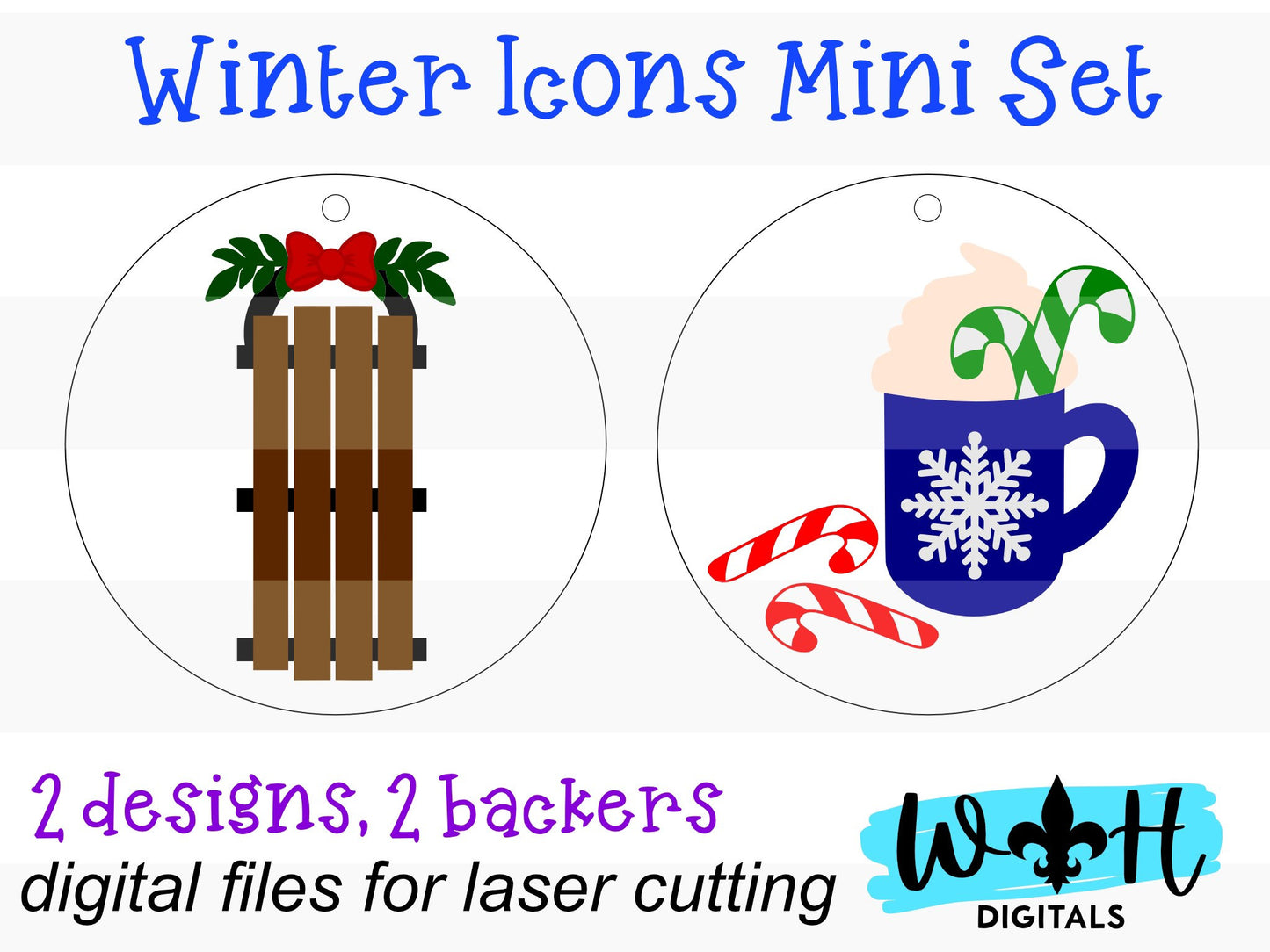 Winter Icons Vintage Sled and Peppermint Mocha Shiplap Christmas Ornament Set - Personalizable Cut File For Glowforge - Digital SVG File