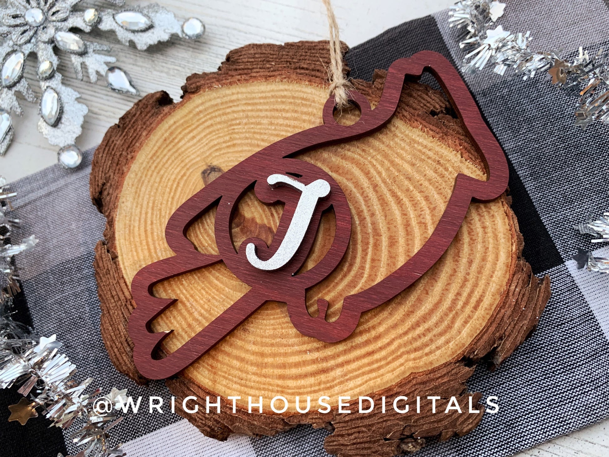 Cardinal Monogram Memorial Christmas Ornament Bundle - Personalized Stocking Tags - Quick Cut File For Glowforge Lasers - Digital SVG File