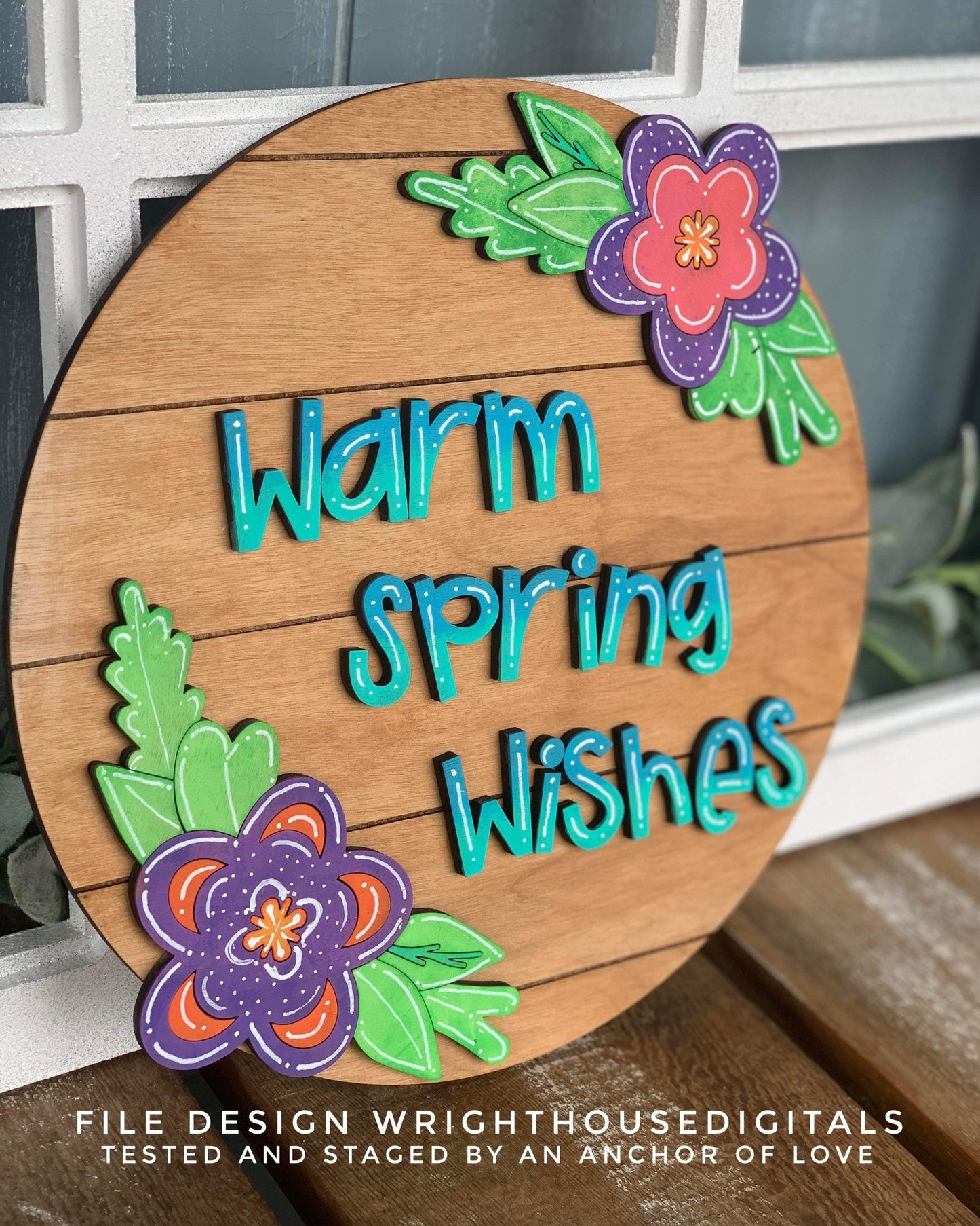 Warm Spring Wishes Floral Door Hanger Round - Spring Floral Sign Making and DIY Kits - Cut File For Glowforge Laser - Digital SVG File