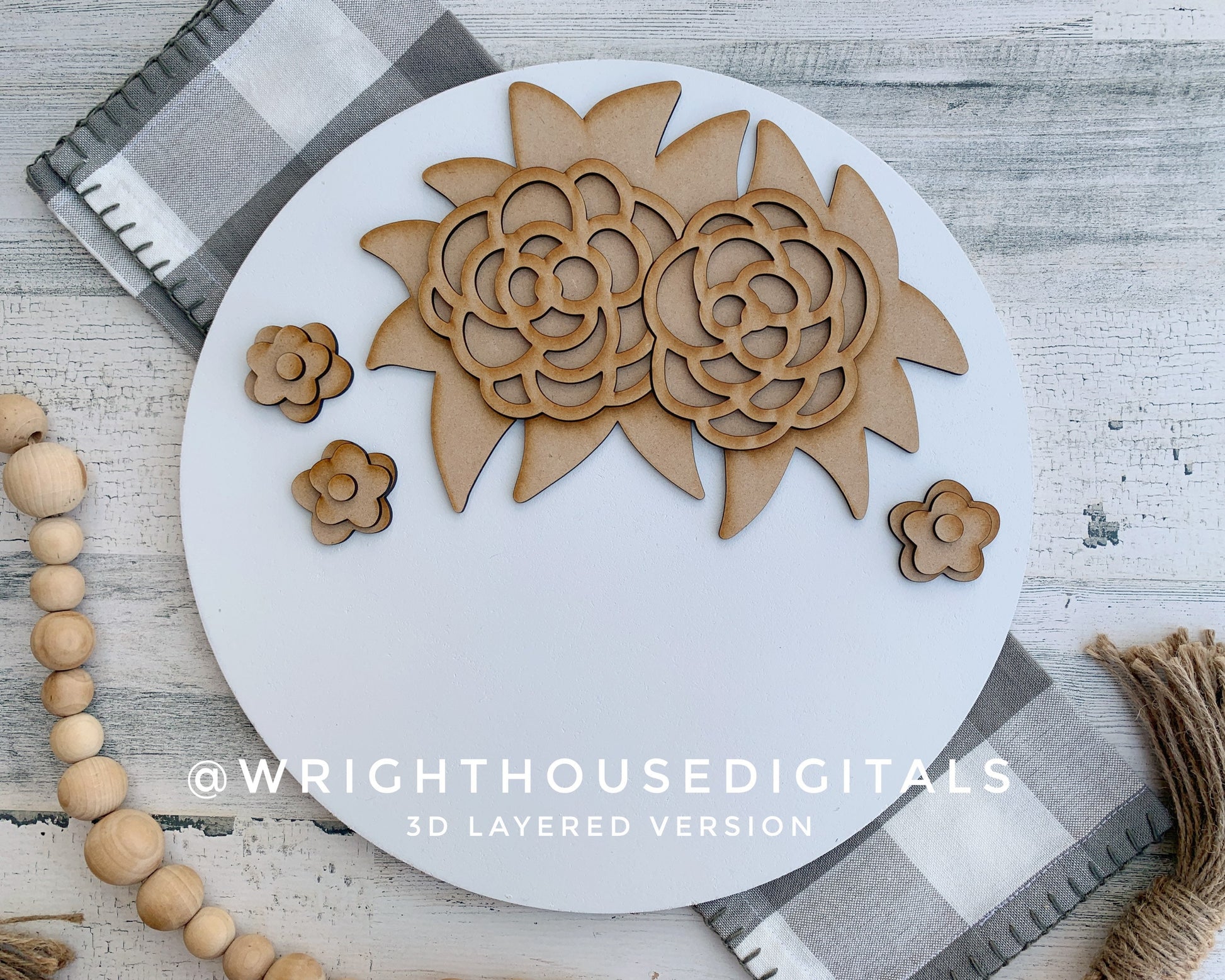 Tropical Summer Roses and Greenery Door Hanger Round - Floral Sign Making and DIY Kits - Cut File For Glowforge Laser - Digital SVG File