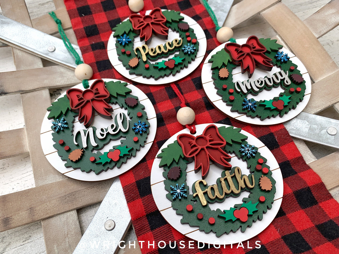 Layered Christmas Word Wreath Ornament Set - Faith Merry Peace Noel - Handdrawn Cut File For Glowforge Lasers - Digital SVG File