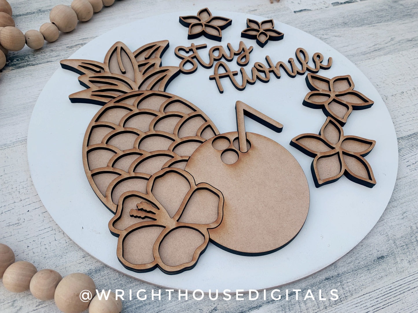 Stay Awhile Tropical Floral Summer Door Hanger Round - Sign Making and DIY Kits - Cut File For Glowforge Lasers - Digital SVG File