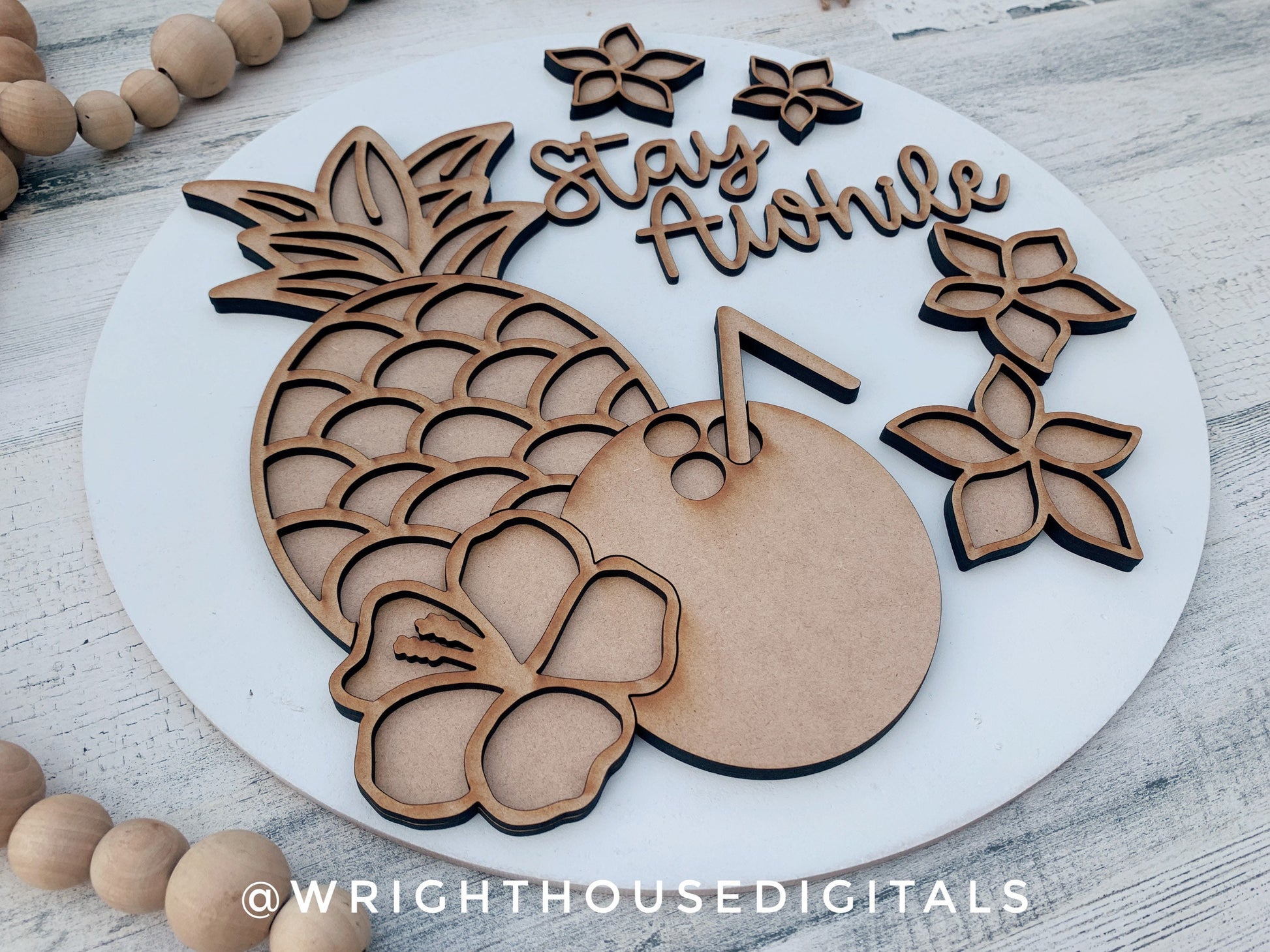 Stay Awhile Tropical Floral Summer Door Hanger Round - Sign Making and DIY Kits - Cut File For Glowforge Lasers - Digital SVG File