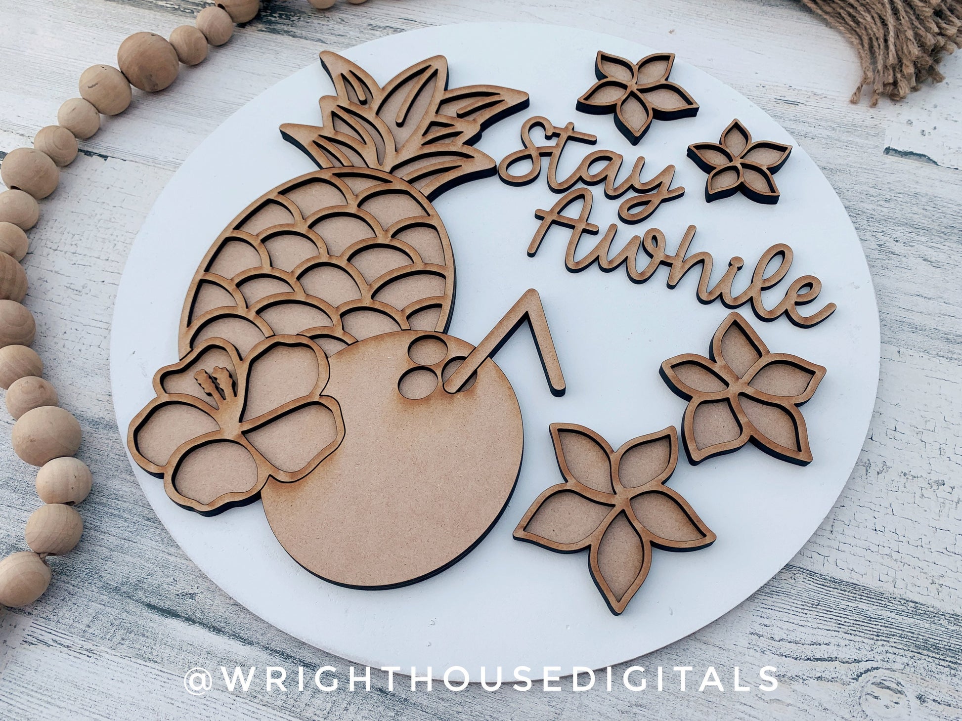 Stay Awhile Tropical Floral Summer Door Hanger Round - Sign Making and DIY Kits - Cut File For Glowforge Lasers - Digital SVG File