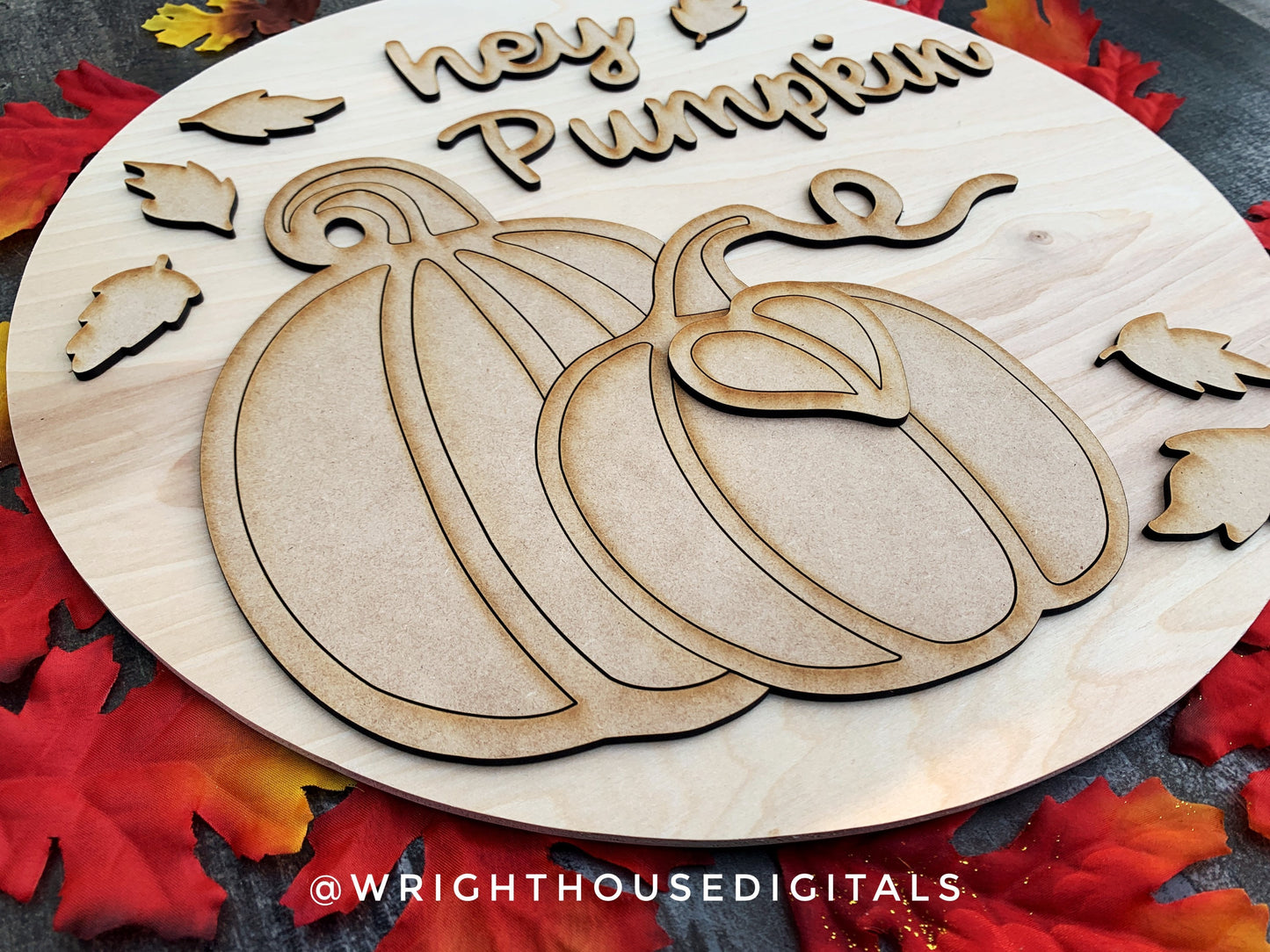 Hey Pumpkin Leafy Autumn Door Hanger Round - Seasonal Sign Making and DIY Kits - Cut File For Glowforge Lasers - Digital SVG File