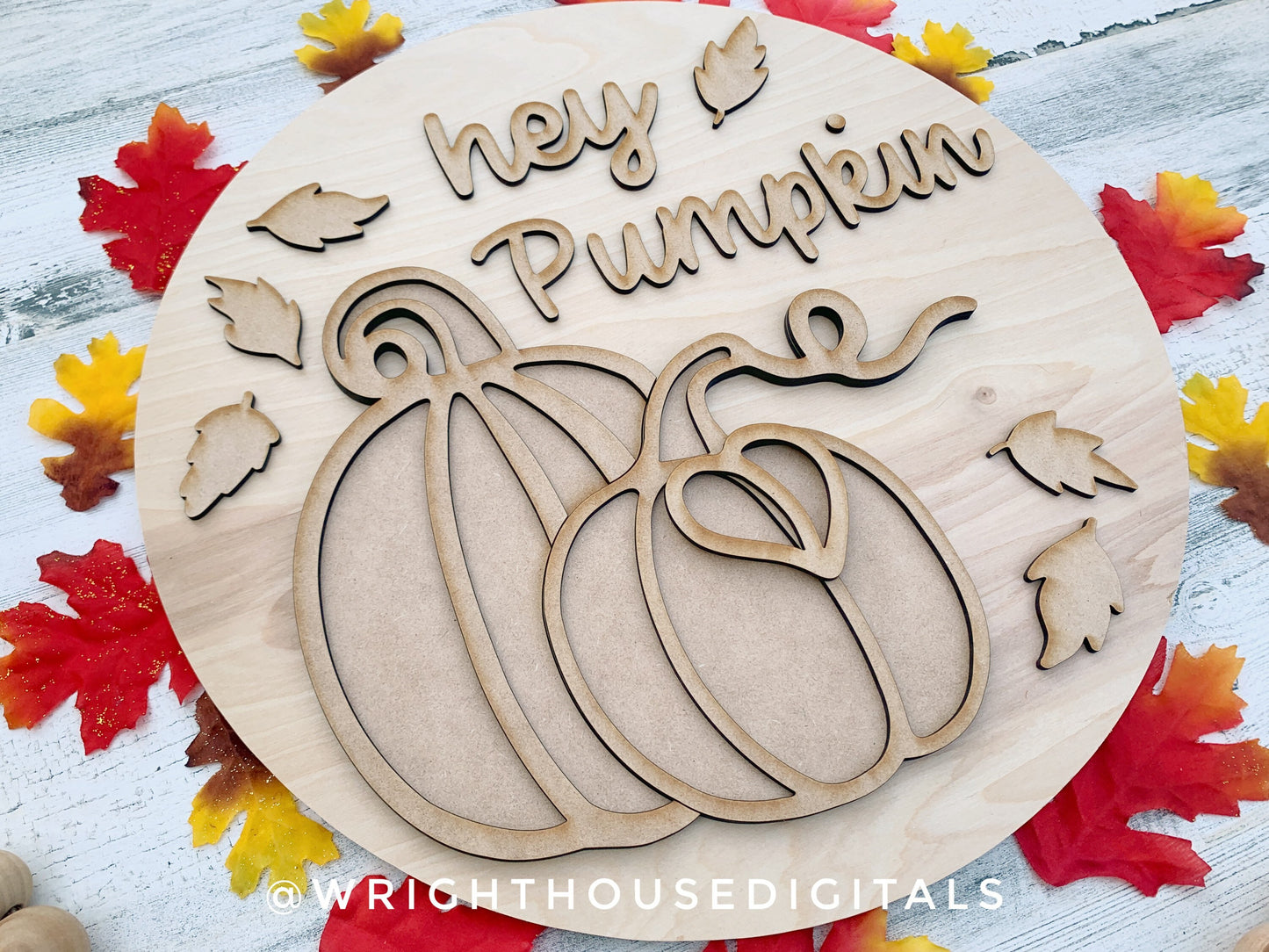 Hey Pumpkin Leafy Autumn Door Hanger Round - Seasonal Sign Making and DIY Kits - Cut File For Glowforge Lasers - Digital SVG File