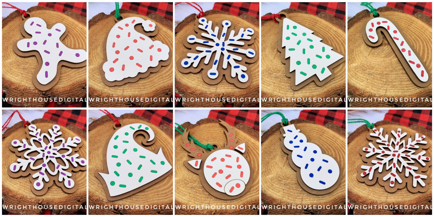 Frosted Sprinkle Christmas Sugar Cookie Tree Wooden Ornament Set - DIY Stocking Stuffer - Present Tag - Gift Wrapping Accessory