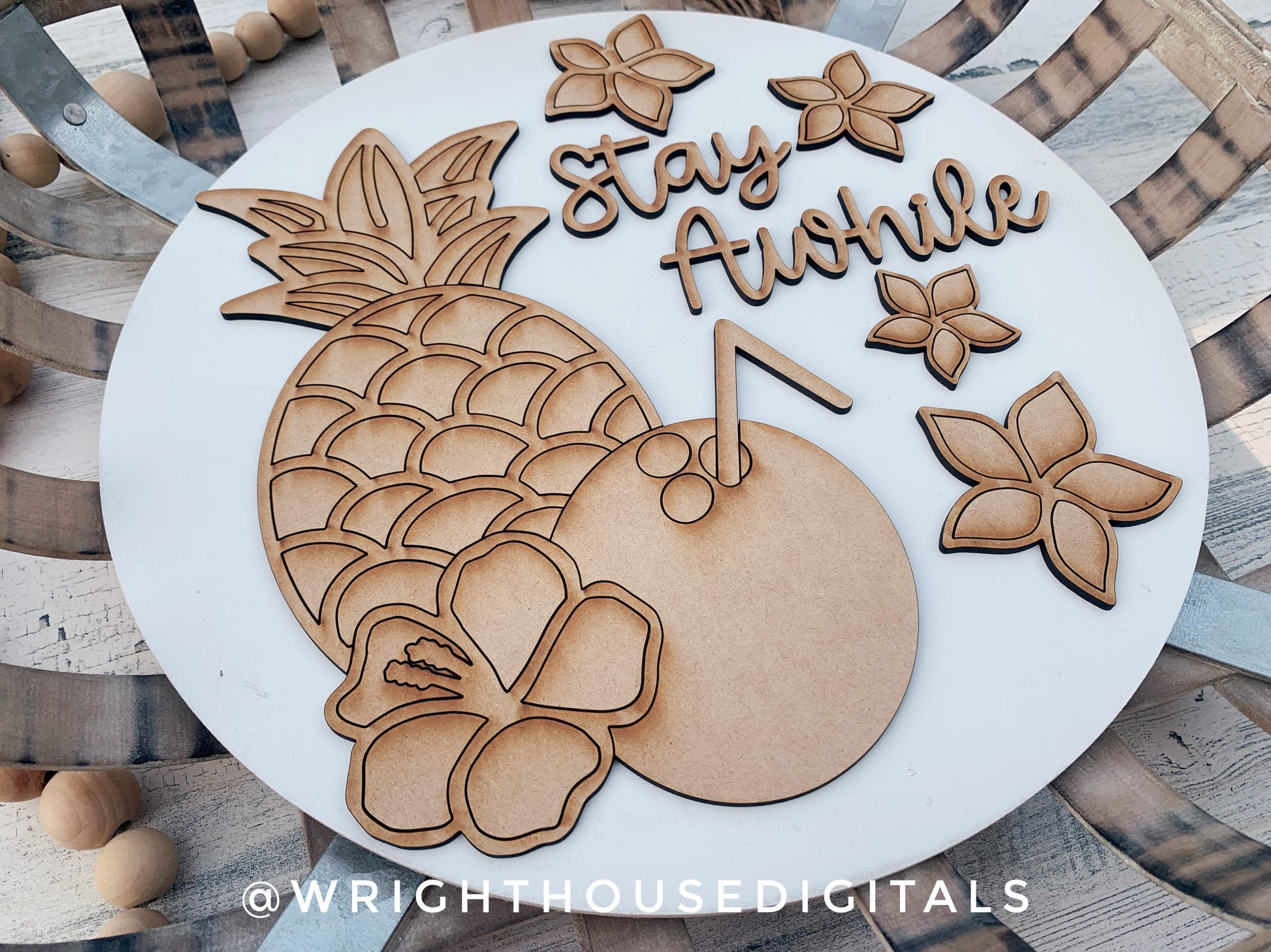 Stay Awhile Tropical Floral Summer Door Hanger Round - Sign Making and DIY Kits - Cut File For Glowforge Lasers - Digital SVG File